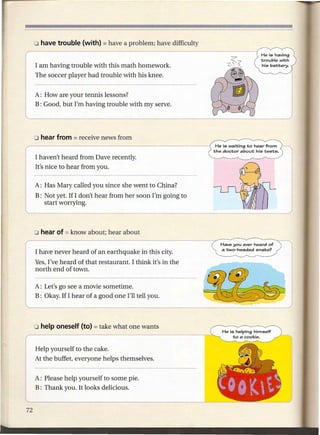 He is having
                                                                              trouble with
I am having trouble with this math homework.                                   his battery.

The soccer player had trouble with his knee.


A: How are your tennis lessons?
B : Good, but I'm having trouble with my serve.




                                                           He is waiting to hear from
                                                          the doctor about his tests.
I haven't heard from Dave recently.
It's nice to hear from you.

A: Has Mary called you since she went to China?
B: Not yet. If I don't hear from her soon I'm going to
   start worrying.




                                                             Have you ever heard of
                                                             a two-headed snake?
I have never heard of an earthquake in this city.
Yes, I've heard of that restaurant. I think it's in the
north end of town.

A: Let's go see a movie sometime.
B: Okay. If I hear of a good one I'll tell you.




                                                             He is helping himself
                                                                  to a cookie.


Help yourself to the cake.
At the buffet, everyone helps themselves.


A: Please help yourself to some pie.
B: Thank you. It looks delicious.
 