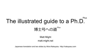 The illustrated guide to a Ph.D.
Plus
Plus
Matt Might
matt.might.net
Japanese translation and two slides by Akira Nakayasu http://nakayasu.com
博士号への道
 