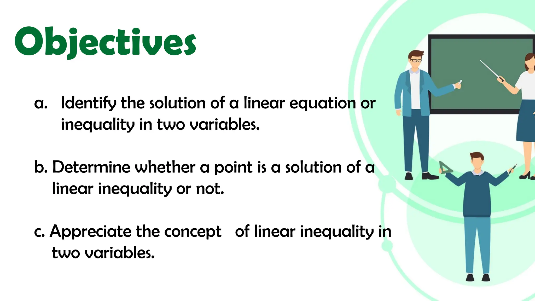 Objectives
a. Identify the solution of a linear equation or
inequality in two variables.
b. Determine whether a point is a solution of a
linear inequality or not.
c. Appreciate the concept of linear inequality in
two variables.
 