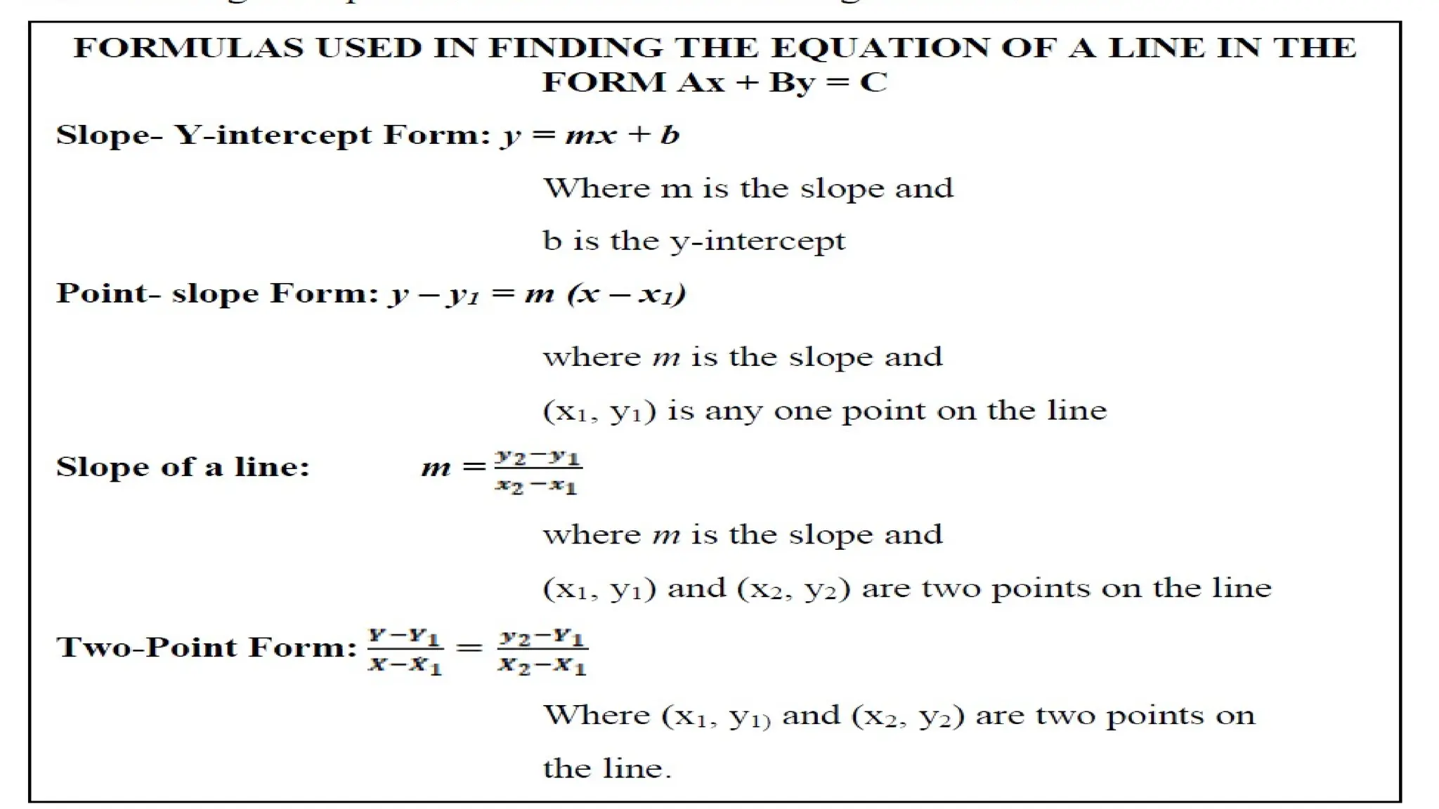 Illustrative Examples:
1. 3x - 2y=4
- 2y = -3x+4 Solve y in terms of x
- ( - 2y = -3x+4)-1/2 Apply MPE
y = x – 2 Simplify
2. y= 5x + 6
-5x + y =6 Sum of Ax and By on the left- hand side of
the equation and equate it to the constant
term C on the right- hand side
- ( -5x + y = 6 ) Apply MPE
5x + y = 6 Simplify
 