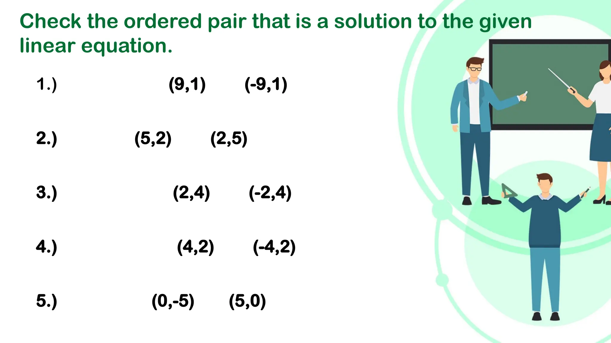 Check the ordered pair that is a solution to the given
linear equation.
1.) (9,1) (-9,1)
2.) (5,2) (2,5)
3.) (2,4) (-2,4)
4.) (4,2) (-4,2)
5.) (0,-5) (5,0)
 