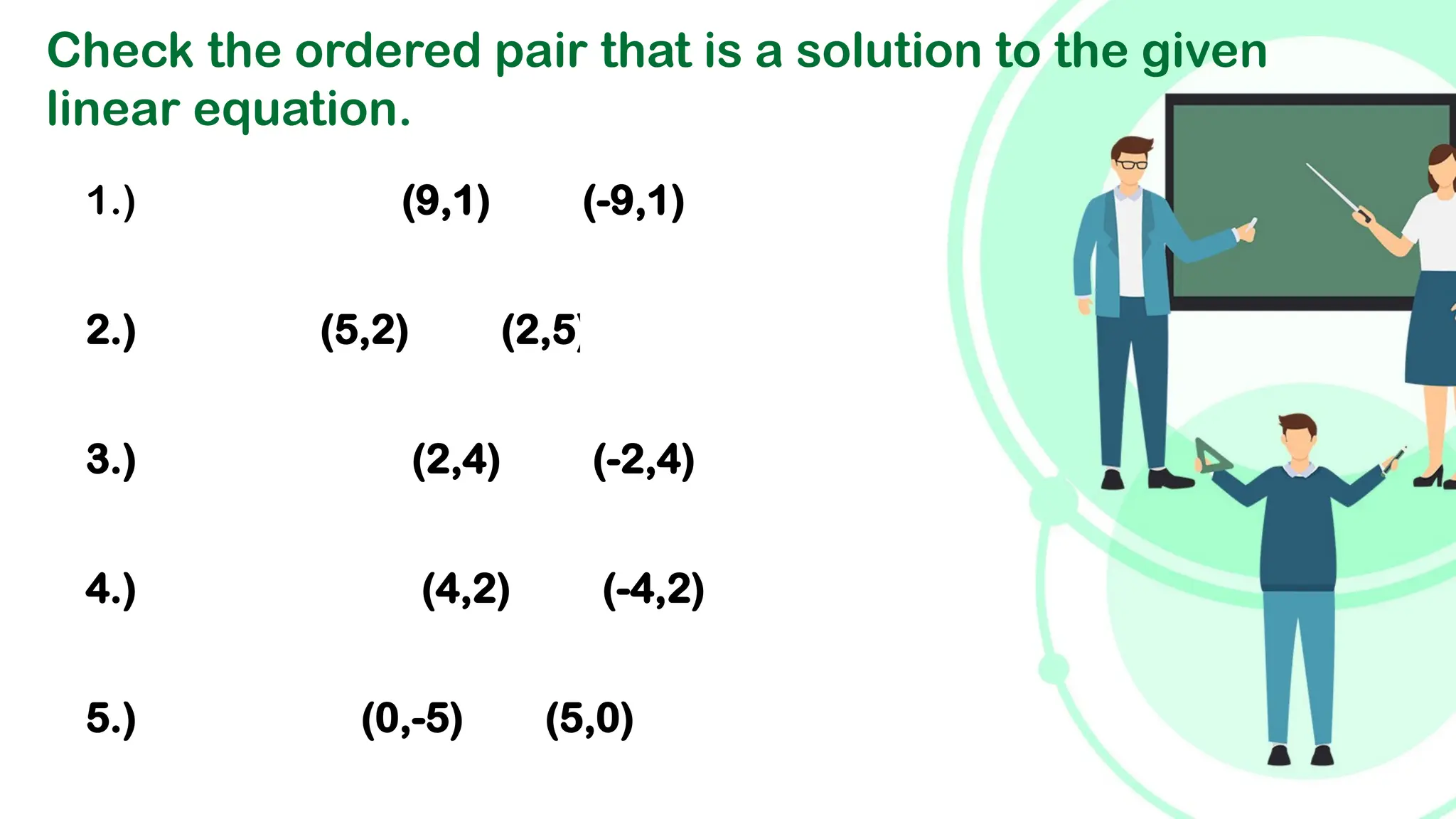 Check the ordered pair that is a solution to the given
linear equation.
1.) (9,1) (-9,1)
2.) (5,2) (2,5)
3.) (2,4) (-2,4)
4.) (4,2) (-4,2)
5.) (0,-5) (5,0)
 