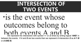 INTERSECTION OF
TWO EVENTS
is the event whose
outcomes belong to
both events A and B.
 