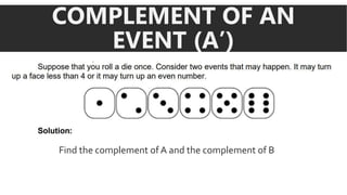 COMPLEMENT OF AN
EVENT (A’)
Find the complement of A and the complement of B
 