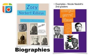 • Examples - Nicole Nesbitt’s
2nd graders
Biographies
 