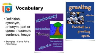 • Definition,
synonym,
antonym, part or
speech, example
sentence, image
• Examples - Carrie Fair’s
Fifth Grade
Vocabulary
 