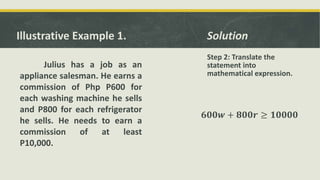 Illustrative Example 1.
Julius has a job as an
appliance salesman. He earns a
commission of Php P600 for
each washing machine he sells
and P800 for each refrigerator
he sells. He needs to earn a
commission of at least
P10,000.
Solution
Step 2: Translate the
statement into
mathematical expression.
𝟔𝟎𝟎𝒘 + 𝟖𝟎𝟎𝒓 ≥ 𝟏𝟎𝟎𝟎𝟎
 