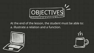OBJECTIVES
At the end of the lesson, the student must be able to:
a. illustrate a relation and a function.
 
