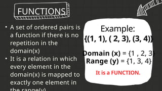 • A set of ordered pairs is
a function if there is no
repetition in the
domain(x)
• It is a relation in which
every element in the
domain(x) is mapped to
exactly one element in
FUNCTIONS
Example:
{(1, 1), ( 2, 3), (3, 4)}
Domain (x) = {1 , 2, 3}
Range (y) = {1, 3, 4}
It is a FUNCTION.
 