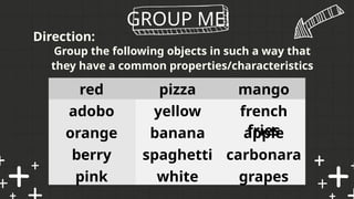 GROUP ME!
Group the following objects in such a way that
they have a common properties/characteristics
Direction:
red
adobo
orange
berry
pink
pizza
yellow
banana
spaghetti
white
mango
french
fries
apple
carbonara
grapes
 