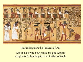 Illustration from the Papyrus of Ani Ani and his wife bow, while the god Anubis weighs Ani’s heart against the feather of truth. 
