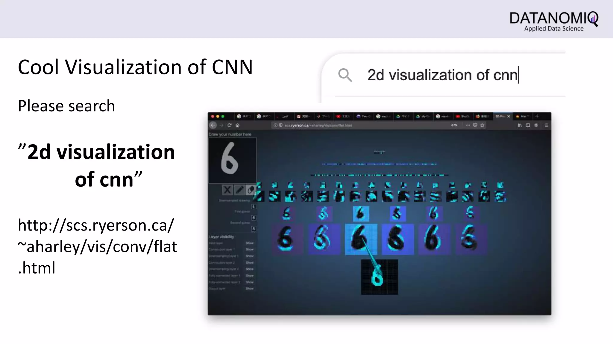 Cool Visualization of CNN
Please search
”2d visualization
of cnn”
http://scs.ryerson.ca/
~aharley/vis/conv/flat
.html
 