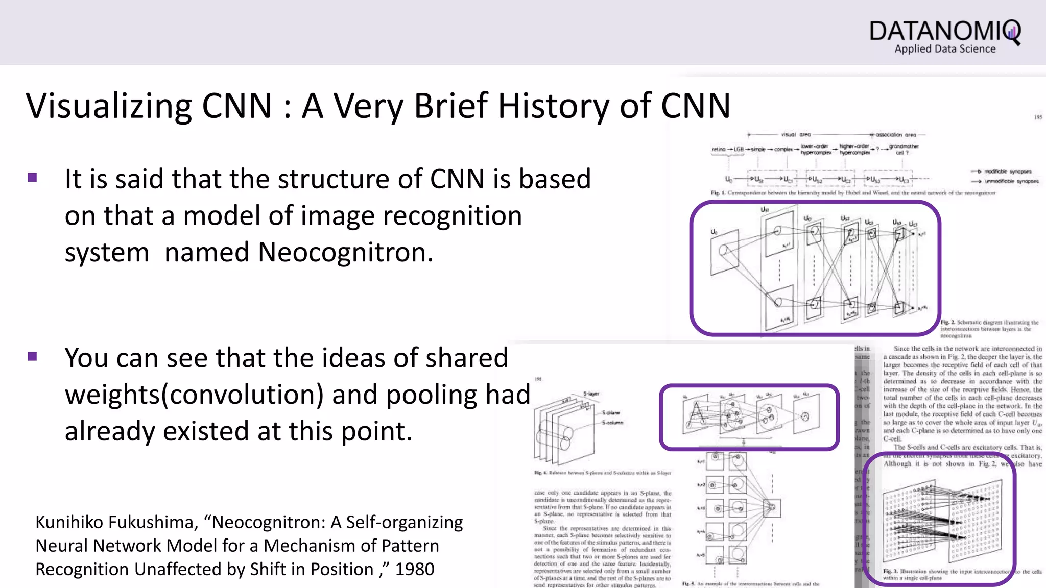  It is said that the structure of CNN is based
on that a model of image recognition
system named Neocognitron.
Visualizing CNN : A Very Brief History of CNN
 You can see that the ideas of shared
weights(convolution) and pooling had
already existed at this point.
Kunihiko Fukushima, “Neocognitron: A Self-organizing
Neural Network Model for a Mechanism of Pattern
Recognition Unaffected by Shift in Position ,” 1980
 