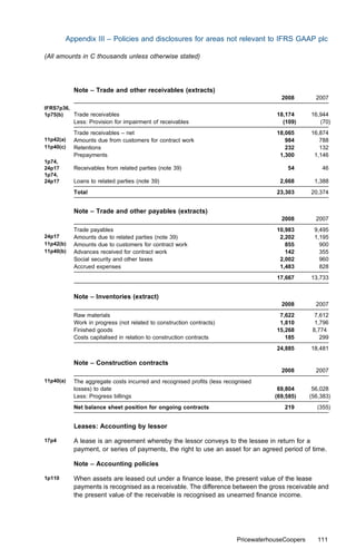 Appendix III – Policies and disclosures for areas not relevant to IFRS GAAP plc

(All amounts in C thousands unless otherwise stated)




           Note – Trade and other receivables (extracts)
                                                                                      2008         2007
IFRS7p36,
1p75(b)   Trade receivables                                                         18,174       16,944
           Less: Provision for impairment of receivables                              (109)         (70)
           Trade receivables – net                                                  18,065       16,874
11p42(a)   Amounts due from customers for contract work                                984          788
11p40(c)   Retentions                                                                  232          132
           Prepayments                                                               1,300        1,146
1p74,
24p17      Receivables from related parties (note 39)                                   54           46
1p74,
24p17      Loans to related parties (note 39)                                        2,668        1,388
           Total                                                                    23,303       20,374


           Note – Trade and other payables (extracts)
                                                                                      2008         2007
           Trade payables                                                           10,983        9,495
24p17      Amounts due to related parties (note 39)                                  2,202        1,195
11p42(b)   Amounts due to customers for contract work                                  855          900
11p40(b)   Advances received for contract work                                         142          355
           Social security and other taxes                                           2,002          960
           Accrued expenses                                                          1,483          828
                                                                                    17,667       13,733


           Note – Inventories (extract)
                                                                                      2008         2007
           Raw materials                                                             7,622         7,612
           Work in progress (not related to construction contracts)                  1,810         1,796
           Finished goods                                                           15,268        8,774
           Costs capitalised in relation to construction contracts                     185           299
                                                                                    24,885       18,481

           Note – Construction contracts
                                                                                      2008         2007
11p40(a)   The aggregate costs incurred and recognised proﬁts (less recognised
           losses) to date                                                           69,804       56,028
           Less: Progress billings                                                  (69,585)     (56,383)
           Net balance sheet position for ongoing contracts                            219         (355)


           Leases: Accounting by lessor

17p4       A lease is an agreement whereby the lessor conveys to the lessee in return for a
           payment, or series of payments, the right to use an asset for an agreed period of time.

           Note – Accounting policies

1p110      When assets are leased out under a ﬁnance lease, the present value of the lease
           payments is recognised as a receivable. The diﬀerence between the gross receivable and
           the present value of the receivable is recognised as unearned ﬁnance income.




                                                                        PricewaterhouseCoopers      111
 
