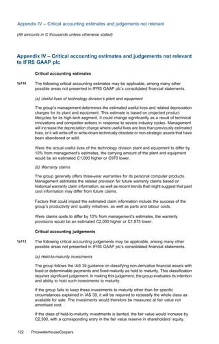 Appendix IV – Critical accounting estimates and judgements not relevant

(All amounts in C thousands unless otherwise stated)




Appendix IV – Critical accounting estimates and judgements not relevant
to IFRS GAAP plc

         Critical accounting estimates

1p116    The following critical accounting estimates may be applicable, among many other
         possible areas not presented in IFRS GAAP plc’s consolidated ﬁnancial statements.

         (a) Useful lives of technology division’s plant and equipment

         The group’s management determines the estimated useful lives and related depreciation
         charges for its plant and equipment. This estimate is based on projected product
         lifecycles for its high-tech segment. It could change signiﬁcantly as a result of technical
         innovations and competitor actions in response to severe industry cycles. Management
         will increase the depreciation charge where useful lives are less than previously estimated
         lives, or it will write-oﬀ or write-down technically obsolete or non-strategic assets that have
         been abandoned or sold.

         Were the actual useful lives of the technology division plant and equipment to diﬀer by
         10% from management’s estimates, the carrying amount of the plant and equipment
         would be an estimated C1,000 higher or C970 lower.

         (b) Warranty claims

         The group generally oﬀers three-year warranties for its personal computer products.
         Management estimates the related provision for future warranty claims based on
         historical warranty claim information, as well as recent trends that might suggest that past
         cost information may diﬀer from future claims.

         Factors that could impact the estimated claim information include the success of the
         group’s productivity and quality initiatives, as well as parts and labour costs.

         Were claims costs to diﬀer by 10% from management’s estimates, the warranty
         provisions would be an estimated C2,000 higher or C1,875 lower.

         Critical accounting judgements

1p113    The following critical accounting judgements may be applicable, among many other
         possible areas not presented in IFRS GAAP plc’s consolidated ﬁnancial statements.

         (a) Held-to-maturity investments

         The group follows the IAS 39 guidance on classifying non-derivative ﬁnancial assets with
         ﬁxed or determinable payments and ﬁxed maturity as held to maturity. This classiﬁcation
         requires signiﬁcant judgement. In making this judgement, the group evaluates its intention
         and ability to hold such investments to maturity.

         If the group fails to keep these investments to maturity other than for speciﬁc
         circumstances explained in IAS 39, it will be required to reclassify the whole class as
         available for sale. The investments would therefore be measured at fair value not
         amortised cost.

         If the class of held-to-maturity investments is tainted, the fair value would increase by
         C2,300, with a corresponding entry in the fair value reserve in shareholders’ equity.


122     PricewaterhouseCoopers
 