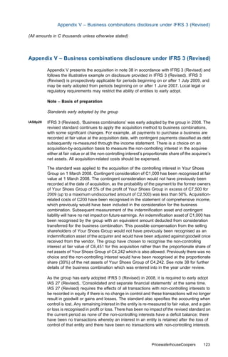 Appendix V – Business combinations disclosure under IFRS 3 (Revised)

(All amounts in C thousands unless otherwise stated)




Appendix V – Business combinations disclosure under IFRS 3 (Revised)

          Appendix V presents the acquisition in note 38 in accordance with IFRS 3 (Revised) and
          follows the illustrative example on disclosure provided in IFRS 3 (Revised). IFRS 3
          (Revised) is prospectively applicable for periods beginning on or after 1 July 2009, and
          may be early adopted from periods beginning on or after 1 June 2007. Local legal or
          regulatory requirements may restrict the ability of entities to early adopt.

          Note – Basis of preparation

          Standards early adopted by the group

IAS8p28   IFRS 3 (Revised), ‘Business combinations’ was early adopted by the group in 2008. The
          revised standard continues to apply the acquisition method to business combinations,
          with some signiﬁcant changes. For example, all payments to purchase a business are
          recorded at fair value at the acquisition date, with contingent payments classiﬁed as debt
          subsequently re-measured through the income statement. There is a choice on an
          acquisition-by-acquisition basis to measure the non-controlling interest in the acquiree
          either at fair value or at the non-controlling interest’s proportionate share of the acquiree’s
          net assets. All acquisition-related costs should be expensed.

          The standard was applied to the acquisition of the controlling interest in Your Shoes
          Group on 1 March 2008. Contingent consideration of C1,000 has been recognised at fair
          value at 1 March 2008. The contingent consideration would not have previously been
          recorded at the date of acquisition, as the probability of the payment to the former owners
          of Your Shoes Group of 5% of the proﬁt of Your Shoes Group in excess of C7,500 for
          2009 (up to a maximum undiscounted amount of C2,500) was less than 50%. Acquisition-
          related costs of C200 have been recognised in the statement of comprehensive income,
          which previously would have been included in the consideration for the business
          combination. Subsequent measurement of the indemniﬁcation asset and contingent
          liability will have no net impact on future earnings. An indemniﬁcation asset of C1,000 has
          been recognised by the group with an equivalent amount deducted from consideration
          transferred for the business combination. This possible compensation from the selling
          shareholders of Your Shoes Group would not have previously been recognised as an
          indemniﬁcation asset of the acquirer and would have been adjusted against goodwill once
          received from the vendor. The group have chosen to recognise the non-controlling
          interest at fair value of C6,451 for this acquisition rather than the proportionate share of
          net assets of Your Shoes Group of C4,242 which is also allowed. Previously there was no
          choice and the non-controlling interest would have been recognised at the proportionate
          share (30%) of the net assets of Your Shoes Group of C4,242. See note 38 for further
          details of the business combination which was entered into in the year under review.

          As the group has early adopted IFRS 3 (Revised) in 2008, it is required to early adopt
          IAS 27 (Revised), ‘Consolidated and separate ﬁnancial statements’ at the same time.
          IAS 27 (Revised) requires the eﬀects of all transactions with non-controlling interests to
          be recorded in equity if there is no change in control and these transactions will no longer
          result in goodwill or gains and losses. The standard also speciﬁes the accounting when
          control is lost. Any remaining interest in the entity is re-measured to fair value, and a gain
          or loss is recognised in proﬁt or loss. There has been no impact of the revised standard on
          the current period as none of the non-controlling interests have a deﬁcit balance; there
          have been no transactions whereby an interest in an entity is retained after the loss of
          control of that entity and there have been no transactions with non-controlling interests.



                                                                      PricewaterhouseCoopers        123
 