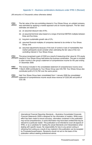 Appendix V – Business combinations disclosure under IFRS 3 (Revised)

(All amounts in C thousands unless otherwise stated)




IFRS3         The fair value of the non-controlling interest in Your Shoes Group, an unlisted company,
pB64(o)       was estimated by applying a market approach and an income approach. The fair value
              estimates are based on:
              (a) an assumed discount rate of 8%;
              (b) an assumed terminal value based on a range of terminal EBITDA multiples between
                  three and ﬁve times;
              (c) long-term sustainable growth rate of 2%;
              (d) assumed ﬁnancial multiples of companies deemed to be similar to Your Shoes
                  Group; and
              (e) assumed adjustments because of the lack of control or lack of marketability that
                  market participants would consider when estimating the fair value of the non-
                  controlling interest in Your Shoes Group.

IFRS3         The group recognised a gain of C500 as a result of measuring at fair value its 15% equity
pB64(p)(ii)   interest in Your Shoes Group held before the business combination. The gain is included
              in other income in the group’s statement of comprehensive income for the year ending
              31 December 2008.

IFRS3         The revenue included in the consolidated statement of comprehensive income since
pB64(q)(i)    1 March 2008 contributed by Your Shoes Group was C44,709. Your Shoes Group also
              contributed proﬁt of C12,762 over the same period.

IFRS3         Had Your Shoes Group been consolidated from 1 January 2008 the consolidated
pB64(q)(ii)   statement of comprehensive income would show revenue of C220,345 and proﬁt of
              C33,126.




                International Financial Reporting Standards – Illustrative Consolidated Corporate
                Financial Statements 2008 is designed for the information of readers. While every
                eﬀort has been made to ensure accuracy, information contained in this publication
                may not be comprehensive, or some information may have been omitted that may be
                relevant to a particular reader. This publication is not intended to cover all aspects of
                IFRS, or as a substitute for reading the actual Standards and Interpretations when
                dealing with speciﬁc issues. No responsibility for loss to any person acting or
                refraining from acting as a result of any material in this publication can be accepted
                by PricewaterhouseCoopers. Recipients should not act on the basis of this
                publication without seeking professional advice.


                                                                         PricewaterhouseCoopers        127
 
