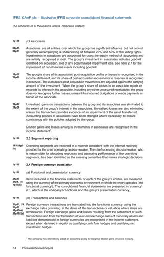 IFRS GAAP plc – Illustrative IFRS corporate consolidated ﬁnancial statements

(All amounts in C thousands unless otherwise stated)




1p110       (c) Associates

28p13       Associates are all entities over which the group has signiﬁcant inﬂuence but not control,
28p11       generally accompanying a shareholding of between 20% and 50% of the voting rights.
            Investments in associates are accounted for using the equity method of accounting and
            are initially recognised at cost. The group’s investment in associates includes goodwill
            identiﬁed on acquisition, net of any accumulated impairment loss. See note 2.7 for the
            impairment of non-ﬁnancial assets including goodwill.

28p29       The group’s share of its associates’ post-acquisition proﬁts or losses is recognised in the
28p30       income statement, and its share of post-acquisition movements in reserves is recognised
            in reserves. The cumulative post-acquisition movements are adjusted against the carrying
            amount of the investment. When the group’s share of losses in an associate equals or
            exceeds its interest in the associate, including any other unsecured receivables, the group
            does not recognise further losses, unless it has incurred obligations or made payments on
            behalf of the associate.

28p22       Unrealised gains on transactions between the group and its associates are eliminated to
28p26       the extent of the group’s interest in the associates. Unrealised losses are also eliminated
            unless the transaction provides evidence of an impairment of the asset transferred.
            Accounting policies of associates have been changed where necessary to ensure
            consistency with the policies adopted by the group.

            Dilution gains and losses arising in investments in associates are recognised in the
            income statement1.

1p110       2.3 Segment reporting

 IFRS8p5    Operating segments are reported in a manner consistent with the internal reporting
(b)         provided to the chief operating decision-maker. The chief operating decision-maker, who
            is responsible for allocating resources and assessing performance of the operating
            segments, has been identiﬁed as the steering committee that makes strategic decisions.

1p110       2.4 Foreign currency translation

1p110       (a) Functional and presentation currency

21p17       Items included in the ﬁnancial statements of each of the group’s entities are measured
21p9, 18    using the currency of the primary economic environment in which the entity operates (‘the
1p46(d)
            functional currency’). The consolidated ﬁnancial statements are presented in ‘currency’
            (C), which is the company’s functional and the group’s presentation currency.

1p110       (b) Transactions and balances

21p21, 28   Foreign currency transactions are translated into the functional currency using the
21p32       exchange rates prevailing at the dates of the transactions or valuation where items are
39p95(a)
39p102(a)   remeasured. Foreign exchange gains and losses resulting from the settlement of such
            transactions and from the translation at year-end exchange rates of monetary assets and
            liabilities denominated in foreign currencies are recognised in the income statement,
            except when deferred in equity as qualifying cash ﬂow hedges and qualifying net
            investment hedges.


            1
                The company may alternatively adopt an accounting policy to recognise dilution gains or losses in equity.



14      PricewaterhouseCoopers
 
