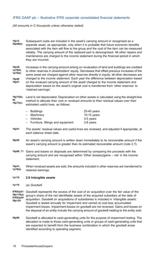IFRS GAAP plc – Illustrative IFRS corporate consolidated ﬁnancial statements

(All amounts in C thousands unless otherwise stated)




16p12        Subsequent costs are included in the asset’s carrying amount or recognised as a
39p98(b)     separate asset, as appropriate, only when it is probable that future economic beneﬁts
             associated with the item will ﬂow to the group and the cost of the item can be measured
             reliably. The carrying amount of the replaced part is derecognised. All other repairs and
             maintenance are charged to the income statement during the ﬁnancial period in which
             they are incurred.

16p39,       Increases in the carrying amount arising on revaluation of land and buildings are credited
1p76(b)      to other reserves in shareholders’ equity. Decreases that oﬀset previous increases of the
1p76(b)
             same asset are charged against other reserves directly in equity; all other decreases are
16p40        charged to the income statement. Each year the diﬀerence between depreciation based
16p41        on the revalued carrying amount of the asset charged to the income statement and
             depreciation based on the asset’s original cost is transferred from ‘other reserves’ to
             ‘retained earnings’.

16p73(b),    Land is not depreciated. Depreciation on other assets is calculated using the straight-line
50           method to allocate their cost or revalued amounts to their residual values over their
16p73(c)
             estimated useful lives, as follows:

             –   Buildings                                  25-40 years
             –   Machinery                                  10-15 years
             –   Vehicles                                   3-5 years
             –   Furniture, ﬁttings and equipment           3-8 years

16p51        The assets’ residual values and useful lives are reviewed, and adjusted if appropriate, at
             each balance sheet date.

36p59        An asset’s carrying amount is written down immediately to its recoverable amount if the
             asset’s carrying amount is greater than its estimated recoverable amount (note 2.7).

16p68, 71    Gains and losses on disposals are determined by comparing the proceeds with the
             carrying amount and are recognised within ‘Other (losses)/gains – net’ in the income
             statement.

16p41,       When revalued assets are sold, the amounts included in other reserves are transferred to
1p76(b)      retained earnings.

1p110        2.6 Intangible assets

1p110        (a) Goodwill

IFRS3p51     Goodwill represents the excess of the cost of an acquisition over the fair value of the
38p118(a)    group’s share of the net identiﬁable assets of the acquired subsidiary at the date of
IFRS3p54
36p124       acquisition. Goodwill on acquisitions of subsidiaries is included in ‘intangible assets’.
             Goodwill is tested annually for impairment and carried at cost less accumulated
             impairment losses. Impairment losses on goodwill are not reversed. Gains and losses on
             the disposal of an entity include the carrying amount of goodwill relating to the entity sold.

36p80        Goodwill is allocated to cash-generating units for the purpose of impairment testing. The
             allocation is made to those cash-generating units or groups of cash-generating units that
             are expected to beneﬁt from the business combination in which the goodwill arose
             identiﬁed according to operating segment.




16        PricewaterhouseCoopers
 