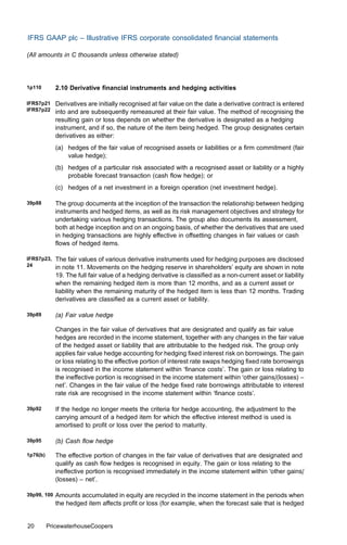 IFRS GAAP plc – Illustrative IFRS corporate consolidated ﬁnancial statements

(All amounts in C thousands unless otherwise stated)




1p110        2.10 Derivative ﬁnancial instruments and hedging activities

IFRS7p21     Derivatives are initially recognised at fair value on the date a derivative contract is entered
IFRS7p22     into and are subsequently remeasured at their fair value. The method of recognising the
             resulting gain or loss depends on whether the derivative is designated as a hedging
             instrument, and if so, the nature of the item being hedged. The group designates certain
             derivatives as either:
             (a) hedges of the fair value of recognised assets or liabilities or a ﬁrm commitment (fair
                 value hedge);
             (b) hedges of a particular risk associated with a recognised asset or liability or a highly
                 probable forecast transaction (cash ﬂow hedge); or
             (c) hedges of a net investment in a foreign operation (net investment hedge).

39p88        The group documents at the inception of the transaction the relationship between hedging
             instruments and hedged items, as well as its risk management objectives and strategy for
             undertaking various hedging transactions. The group also documents its assessment,
             both at hedge inception and on an ongoing basis, of whether the derivatives that are used
             in hedging transactions are highly eﬀective in oﬀsetting changes in fair values or cash
             ﬂows of hedged items.

IFRS7p23,    The fair values of various derivative instruments used for hedging purposes are disclosed
24           in note 11. Movements on the hedging reserve in shareholders’ equity are shown in note
             19. The full fair value of a hedging derivative is classiﬁed as a non-current asset or liability
             when the remaining hedged item is more than 12 months, and as a current asset or
             liability when the remaining maturity of the hedged item is less than 12 months. Trading
             derivatives are classiﬁed as a current asset or liability.

39p89        (a) Fair value hedge

             Changes in the fair value of derivatives that are designated and qualify as fair value
             hedges are recorded in the income statement, together with any changes in the fair value
             of the hedged asset or liability that are attributable to the hedged risk. The group only
             applies fair value hedge accounting for hedging ﬁxed interest risk on borrowings. The gain
             or loss relating to the eﬀective portion of interest rate swaps hedging ﬁxed rate borrowings
             is recognised in the income statement within ‘ﬁnance costs’. The gain or loss relating to
             the ineﬀective portion is recognised in the income statement within ‘other gains/(losses) –
             net’. Changes in the fair value of the hedge ﬁxed rate borrowings attributable to interest
             rate risk are recognised in the income statement within ‘ﬁnance costs’.

39p92        If the hedge no longer meets the criteria for hedge accounting, the adjustment to the
             carrying amount of a hedged item for which the eﬀective interest method is used is
             amortised to proﬁt or loss over the period to maturity.

39p95        (b) Cash ﬂow hedge

1p76(b)      The eﬀective portion of changes in the fair value of derivatives that are designated and
             qualify as cash ﬂow hedges is recognised in equity. The gain or loss relating to the
             ineﬀective portion is recognised immediately in the income statement within ‘other gains/
             (losses) – net’.

39p99, 100   Amounts accumulated in equity are recycled in the income statement in the periods when
             the hedged item aﬀects proﬁt or loss (for example, when the forecast sale that is hedged


20        PricewaterhouseCoopers
 