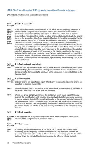 IFRS GAAP plc – Illustrative IFRS corporate consolidated ﬁnancial statements

(All amounts in C thousands unless otherwise stated)




1p110      2.12 Trade receivables
IFRS7p21

39p43      Trade receivables are recognised initially at fair value and subsequently measured at
39p46(a)   amortised cost using the eﬀective interest method, less provision for impairment. A
39p59
IFRS7      provision for impairment of trade receivables is established when there is objective
Appx       evidence that the group will not be able to collect all amounts due according to the original
Bp5(f)     terms of the receivables. Signiﬁcant ﬁnancial diﬃculties of the debtor, probability that the
IFRS7      debtor will enter bankruptcy or ﬁnancial reorganisation, and default or delinquency in
Appx
Bp5(d)     payments (more than 30 days overdue) are considered indicators that the trade
           receivable is impaired. The amount of the provision is the diﬀerence between the asset’s
           carrying amount and the present value of estimated future cash ﬂows, discounted at the
           original eﬀective interest rate. The carrying amount of the asset is reduced through the
           use of an allowance account, and the amount of the loss is recognised in the income
           statement within ‘selling and marketing costs’. When a trade receivable is uncollectible, it
           is written oﬀ against the allowance account for trade receivables. Subsequent recoveries
           of amounts previously written oﬀ are credited against ‘selling and marketing costs’ in the
           income statement.

1p110      2.13 Cash and cash equivalents
IFRS7p21
7p45       Cash and cash equivalents includes cash in hand, deposits held at call with banks, other
           short-term highly liquid investments with original maturities of three months or less, and
           bank overdrafts. Bank overdrafts are shown within borrowings in current liabilities on the
           balance sheet.

1p110      2.14 Share capital
IFRS7p21
32p18(a)   Ordinary shares are classiﬁed as equity. Mandatorily redeemable preference shares are
           classiﬁed as liabilities (note 2.16).

32p37      Incremental costs directly attributable to the issue of new shares or options are shown in
           equity as a deduction, net of tax, from the proceeds.

32p33      Where any group company purchases the company’s equity share capital (treasury
           shares), the consideration paid, including any directly attributable incremental costs (net
           of income taxes) is deducted from equity attributable to the company’s equity holders until
           the shares are cancelled or reissued. Where such shares are subsequently reissued, any
           consideration received, net of any directly attributable incremental transaction costs and
           the related income tax eﬀects, is included in equity attributable to the company’s equity
           holders.

1p110      2.15 Trade payables

IFRS7p21   Trade payables are recognised initially at fair value and subsequently measured at
39p43,     amortised cost using the eﬀective interest method.
39p47

1p110      2.16 Borrowings
IFRS7p21

39p43      Borrowings are recognised initially at fair value, net of transaction costs incurred.
39p47      Borrowings are subsequently stated at amortised cost; any diﬀerence between the
           proceeds (net of transaction costs) and the redemption value is recognised in the income
           statement over the period of the borrowings using the eﬀective interest method.


22      PricewaterhouseCoopers
 