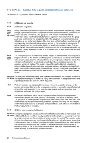 IFRS GAAP plc – Illustrative IFRS corporate consolidated ﬁnancial statements

(All amounts in C thousands unless otherwise stated)




1p110       2.18 Employee beneﬁts

1p110       (a) Pension obligations

19p27      Group companies operate various pension schemes. The schemes are generally funded
19p25      through payments to insurance companies or trustee-administered funds, determined by
19p7
19p120A(b) periodic actuarial calculations. The group has both deﬁned beneﬁt and deﬁned
            contribution plans. A deﬁned contribution plan is a pension plan under which the group
            pays ﬁxed contributions into a separate entity. The group has no legal or constructive
            obligations to pay further contributions if the fund does not hold suﬃcient assets to pay all
            employees the beneﬁts relating to employee service in the current and prior periods. A
            deﬁned beneﬁt plan is a pension plan that is not a deﬁned contribution plan. Typically
            deﬁned beneﬁt plans deﬁne an amount of pension beneﬁt that an employee will receive on
            retirement, usually dependent on one or more factors such as age, years of service and
            compensation.

19p79,      The liability recognised in the balance sheet in respect of deﬁned beneﬁt pension plans is
19p80,      the present value of the deﬁned beneﬁt obligation at the balance sheet date less the fair
19p64
            value of plan assets, together with adjustments for unrecognised past-service costs. The
            deﬁned beneﬁt obligation is calculated annually by independent actuaries using the
            projected unit credit method. The present value of the deﬁned beneﬁt obligation is
            determined by discounting the estimated future cash outﬂows using interest rates of high-
            quality corporate bonds that are denominated in the currency in which the beneﬁts will be
            paid, and that have terms to maturity approximating to the terms of the related pension
            liability.

19p93-93D Actuarial gains and losses arising from experience adjustments and changes in actuarial
19p120A(a) assumptions are charged or credited to equity in the statement of recognised income and

            expense (SORIE) in the period in which they arise.

19p96       Past-service costs are recognised immediately in income, unless the changes to the
            pension plan are conditional on the employees remaining in service for a speciﬁed period
            of time (the vesting period). In this case, the past-service costs are amortised on a
            straight-line basis over the vesting period.

19p44       For deﬁned contribution plans, the group pays contributions to publicly or privately
            administered pension insurance plans on a mandatory, contractual or voluntary basis.
            The group has no further payment obligations once the contributions have been paid. The
            contributions are recognised as employee beneﬁt expense when they are due. Prepaid
            contributions are recognised as an asset to the extent that a cash refund or a reduction in
            the future payments is available.

1p110       (b) Other post-employment obligations

19p120A(a) Some group companies provide post-retirement healthcare beneﬁts       to their retirees. The
19p120A(b) entitlement to these beneﬁts is usually conditional on the employee   remaining in service
            up to retirement age and the completion of a minimum service period. The expected costs
            of these beneﬁts are accrued over the period of employment using the same accounting
            methodology as used for deﬁned beneﬁt pension plans. Actuarial gains and losses arising
            from experience adjustments and changes in actuarial assumptions are charged or
            credited to equity in the SORIE in the period in which they arise. These obligations are
            valued annually by independent qualiﬁed actuaries.




24       PricewaterhouseCoopers
 