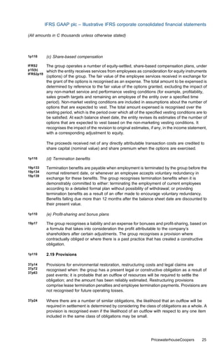 IFRS GAAP plc – Illustrative IFRS corporate consolidated ﬁnancial statements

(All amounts in C thousands unless otherwise stated)




1p110      (c) Share-based compensation

IFRS2      The group operates a number of equity-settled, share-based compensation plans, under
p15(b)     which the entity receives services from employees as consideration for equity instruments
IFRS2p19
           (options) of the group. The fair value of the employee services received in exchange for
           the grant of the options is recognised as an expense. The total amount to be expensed is
           determined by reference to the fair value of the options granted, excluding the impact of
           any non-market service and performance vesting conditions (for example, proﬁtability,
           sales growth targets and remaining an employee of the entity over a speciﬁed time
           period). Non-market vesting conditions are included in assumptions about the number of
           options that are expected to vest. The total amount expensed is recognised over the
           vesting period, which is the period over which all of the speciﬁed vesting conditions are to
           be satisﬁed. At each balance sheet date, the entity revises its estimates of the number of
           options that are expected to vest based on the non-marketing vesting conditions. It
           recognises the impact of the revision to original estimates, if any, in the income statement,
           with a corresponding adjustment to equity.

           The proceeds received net of any directly attributable transaction costs are credited to
           share capital (nominal value) and share premium when the options are exercised.

1p110      (d) Termination beneﬁts

19p133     Termination beneﬁts are payable when employment is terminated by the group before the
19p134     normal retirement date, or whenever an employee accepts voluntary redundancy in
19p139
           exchange for these beneﬁts. The group recognises termination beneﬁts when it is
           demonstrably committed to either: terminating the employment of current employees
           according to a detailed formal plan without possibility of withdrawal; or providing
           termination beneﬁts as a result of an oﬀer made to encourage voluntary redundancy.
           Beneﬁts falling due more than 12 months after the balance sheet date are discounted to
           their present value.

1p110      (e) Proﬁt-sharing and bonus plans

19p17      The group recognises a liability and an expense for bonuses and proﬁt-sharing, based on
           a formula that takes into consideration the proﬁt attributable to the company’s
           shareholders after certain adjustments. The group recognises a provision where
           contractually obliged or where there is a past practice that has created a constructive
           obligation.

1p110      2.19 Provisions

37p14      Provisions for environmental restoration, restructuring costs and legal claims are
37p72      recognised when: the group has a present legal or constructive obligation as a result of
37p63
           past events; it is probable that an outﬂow of resources will be required to settle the
           obligation; and the amount has been reliably estimated. Restructuring provisions
           comprise lease termination penalties and employee termination payments. Provisions are
           not recognised for future operating losses.

37p24      Where there are a number of similar obligations, the likelihood that an outﬂow will be
           required in settlement is determined by considering the class of obligations as a whole. A
           provision is recognised even if the likelihood of an outﬂow with respect to any one item
           included in the same class of obligations may be small.




                                                                       PricewaterhouseCoopers        25
 