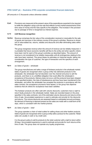 IFRS GAAP plc – Illustrative IFRS corporate consolidated ﬁnancial statements

(All amounts in C thousands unless otherwise stated)




37p45      Provisions are measured at the present value of the expenditures expected to be required
           to settle the obligation using a pre-tax rate that reﬂects current market assessments of the
           time value of money and the risks speciﬁc to the obligation. The increase in the provision
           due to passage of time is recognised as interest expense.

1p110      2.20 Revenue recognition

18p35(a)   Revenue comprises the fair value of the consideration received or receivable for the sale
           of goods and services in the ordinary course of the group’s activities. Revenue is shown
           net of value-added tax, returns, rebates and discounts and after eliminating sales within
           the group.

           The group recognises revenue when the amount of revenue can be reliably measured, it
           is probable that future economic beneﬁts will ﬂow to the entity and when speciﬁc criteria
           have been met for each of the group’s activities as described below. The amount of
           revenue is not considered to be reliably measurable until all contingencies relating to the
           sale have been resolved. The group bases its estimates on historical results, taking into
           consideration the type of customer, the type of transaction and the speciﬁcs of each
           arrangement.

18p14      (a) Sales of goods – wholesale

           The group manufactures and sells a range of footwear products in the wholesale market.
           Sales of goods are recognised when a group entity has delivered products to the
           wholesaler, the wholesaler has full discretion over the channel and price to sell the
           products, and there is no unfulﬁlled obligation that could aﬀect the wholesaler’s
           acceptance of the products. Delivery does not occur until the products have been shipped
           to the speciﬁed location, the risks of obsolescence and loss have been transferred to the
           wholesaler, and either the wholesaler has accepted the products in accordance with the
           sales contract, the acceptance provisions have lapsed, or the group has objective
           evidence that all criteria for acceptance have been satisﬁed.

           The footwear products are often sold with volume discounts; customers have a right to
           return faulty products in the wholesale market. Sales are recorded based on the price
           speciﬁed in the sales contracts, net of the estimated volume discounts and returns at the
           time of sale. Accumulated experience is used to estimate and provide for the discounts
           and returns. The volume discounts are assessed based on anticipated annual purchases.
           No element of ﬁnancing is deemed present as the sales are made with a credit term of 60
           days, which is consistent with the market practice.

18p14      (b) Sales of goods – retail

           The group operates a chain of retail outlets for selling shoes and other leather products.
           Sales of goods are recognised when a group entity sells a product to the customer. Retail
           sales are usually in cash or by credit card.

           It is the group’s policy to sell its products to the retail customer with a right to return within
           28 days. Accumulated experience is used to estimate and provide for such returns at the
           time of sale. The group does not operate any loyalty programmes.




26      PricewaterhouseCoopers
 