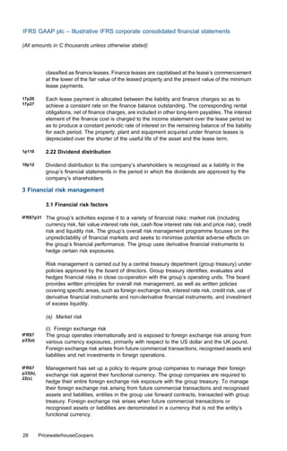 IFRS GAAP plc – Illustrative IFRS corporate consolidated ﬁnancial statements

(All amounts in C thousands unless otherwise stated)




             classiﬁed as ﬁnance leases. Finance leases are capitalised at the lease’s commencement
             at the lower of the fair value of the leased property and the present value of the minimum
             lease payments.

17p20        Each lease payment is allocated between the liability and ﬁnance charges so as to
17p27        achieve a constant rate on the ﬁnance balance outstanding. The corresponding rental
             obligations, net of ﬁnance charges, are included in other long-term payables. The interest
             element of the ﬁnance cost is charged to the income statement over the lease period so
             as to produce a constant periodic rate of interest on the remaining balance of the liability
             for each period. The property, plant and equipment acquired under ﬁnance leases is
             depreciated over the shorter of the useful life of the asset and the lease term.

1p110        2.22 Dividend distribution

10p12        Dividend distribution to the company’s shareholders is recognised as a liability in the
             group’s ﬁnancial statements in the period in which the dividends are approved by the
             company’s shareholders.

3 Financial risk management

             3.1 Financial risk factors

IFRS7p31     The group’s activities expose it to a variety of ﬁnancial risks: market risk (including
             currency risk, fair value interest rate risk, cash ﬂow interest rate risk and price risk), credit
             risk and liquidity risk. The group’s overall risk management programme focuses on the
             unpredictability of ﬁnancial markets and seeks to minimise potential adverse eﬀects on
             the group’s ﬁnancial performance. The group uses derivative ﬁnancial instruments to
             hedge certain risk exposures.

             Risk management is carried out by a central treasury department (group treasury) under
             policies approved by the board of directors. Group treasury identiﬁes, evaluates and
             hedges ﬁnancial risks in close co-operation with the group’s operating units. The board
             provides written principles for overall risk management, as well as written policies
             covering speciﬁc areas, such as foreign exchange risk, interest rate risk, credit risk, use of
             derivative ﬁnancial instruments and non-derivative ﬁnancial instruments, and investment
             of excess liquidity.

             (a) Market risk

             (i) Foreign exchange risk
IFRS7        The group operates internationally and is exposed to foreign exchange risk arising from
p33(a)       various currency exposures, primarily with respect to the US dollar and the UK pound.
             Foreign exchange risk arises from future commercial transactions, recognised assets and
             liabilities and net investments in foreign operations.

IFRS7        Management has set up a policy to require group companies to manage their foreign
p33(b),      exchange risk against their functional currency. The group companies are required to
22(c)
             hedge their entire foreign exchange risk exposure with the group treasury. To manage
             their foreign exchange risk arising from future commercial transactions and recognised
             assets and liabilities, entities in the group use forward contracts, transacted with group
             treasury. Foreign exchange risk arises when future commercial transactions or
             recognised assets or liabilities are denominated in a currency that is not the entity’s
             functional currency.


28        PricewaterhouseCoopers
 