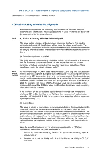 IFRS GAAP plc – Illustrative IFRS corporate consolidated ﬁnancial statements

(All amounts in C thousands unless otherwise stated)




4 Critical accounting estimates and judgements

               Estimates and judgements are continually evaluated and are based on historical
               experience and other factors, including expectations of future events that are believed to
               be reasonable under the circumstances.

1p116          4.1 Critical accounting estimates and assumptions

               The group makes estimates and assumptions concerning the future. The resulting
               accounting estimates will, by deﬁnition, seldom equal the related actual results. The
               estimates and assumptions that have a signiﬁcant risk of causing a material adjustment to
               the carrying amounts of assets and liabilities within the next ﬁnancial year are addressed
               below.

               (a) Estimated impairment of goodwill

               The group tests annually whether goodwill has suﬀered any impairment, in accordance
               with the accounting policy stated in note 2.6. The recoverable amounts of cash-
               generating units have been determined based on value-in-use calculations. These
               calculations require the use of estimates (note 7).

1p120,         An impairment charge of C4,650 arose in the wholesale CGU in Step-land (included in the
36p134         Russian operating segment) during the course of the 2008 year, resulting in the carrying
(f)(i)-(iii)
               amount of the CGU being written down to its recoverable amount. If the budgeted gross
               margin used in the value-in-use calculation for the wholesale CGU in Step-land (included
               in ‘Other countries’) had been 10% lower than management’s estimates at 31 December
               2008 (for example, 46% instead of 56%), the group would have recognised a further
               impairment of goodwill by C100 and would need to reduce the carrying value of property,
               plant and equipment by C300.

               If the estimated pre-tax discount rate applied to the discounted cash ﬂows for the
               wholesale CGU in Step-land had been 1% higher than management’s estimates (for
               example, 13.8% instead of 12.8%), the group would have recognised a further impairment
               against goodwill by C300.

               (b) Income taxes

               The group is subject to income taxes in numerous jurisdictions. Signiﬁcant judgement is
               required in determining the worldwide provision for income taxes. There are many
               transactions and calculations for which the ultimate tax determination is uncertain. The
               group recognises liabilities for anticipated tax audit issues based on estimates of whether
               additional taxes will be due. Where the ﬁnal tax outcome of these matters is diﬀerent from
               the amounts that were initially recorded, such diﬀerences will impact the current and
               deferred income tax assets and liabilities in the period in which such determination is
               made.

               Were the actual ﬁnal outcome (on the judgement areas) to diﬀer by 10% from
               management’s estimates, the group would need to:
               –   increase the income tax liability by C120 and the deferred tax liability by C230, if
                   unfavourable; or
               –   decrease the income tax liability by C110 and the deferred tax liability by C215, if
                   favourable.


                                                                          PricewaterhouseCoopers       35
 