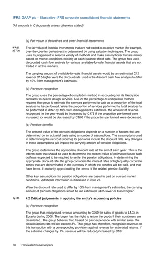 IFRS GAAP plc – Illustrative IFRS corporate consolidated ﬁnancial statements

(All amounts in C thousands unless otherwise stated)




            (c) Fair value of derivatives and other ﬁnancial instruments

IFRS7       The fair value of ﬁnancial instruments that are not traded in an active market (for example,
p27(a)      over-the-counter derivatives) is determined by using valuation techniques. The group
            uses its judgement to select a variety of methods and make assumptions that are mainly
            based on market conditions existing at each balance sheet date. The group has used
            discounted cash ﬂow analysis for various available-for-sale ﬁnancial assets that are not
            traded in active markets.

            The carrying amount of available-for-sale ﬁnancial assets would be an estimated C12
            lower or C15 higher were the discount rate used in the discount cash ﬂow analysis to diﬀer
            by 10% from management’s estimates.

            (d) Revenue recognition

            The group uses the percentage-of-completion method in accounting for its ﬁxed-price
            contracts to deliver design services. Use of the percentage-of-completion method
            requires the group to estimate the services performed to date as a proportion of the total
            services to be performed. Were the proportion of services performed to total services to
            be performed to diﬀer by 10% from management’s estimates, the amount of revenue
            recognised in the year would be increased by C175 if the proportion performed were
            increased, or would be decreased by C160 if the proportion performed were decreased.

            (e) Pension beneﬁts

            The present value of the pension obligations depends on a number of factors that are
            determined on an actuarial basis using a number of assumptions. The assumptions used
            in determining the net cost (income) for pensions include the discount rate. Any changes
            in these assumptions will impact the carrying amount of pension obligations.

            The group determines the appropriate discount rate at the end of each year. This is the
            interest rate that should be used to determine the present value of estimated future cash
            outﬂows expected to be required to settle the pension obligations. In determining the
            appropriate discount rate, the group considers the interest rates of high-quality corporate
            bonds that are denominated in the currency in which the beneﬁts will be paid, and that
            have terms to maturity approximating the terms of the related pension liability.

            Other key assumptions for pension obligations are based in part on current market
            conditions. Additional information is disclosed in note 23.

            Were the discount rate used to diﬀer by 10% from management’s estimates, the carrying
            amount of pension obligations would be an estimated C425 lower or C450 higher.

1p113       4.2 Critical judgements in applying the entity’s accounting policies

            (a) Revenue recognition

            The group has recognised revenue amounting to C950 for sales of goods to L&Co in
            Euravia during 2008. The buyer has the right to return the goods if their customers are
            dissatisﬁed. The group believes that, based on past experience with similar sales, the
            dissatisfaction rate will not exceed 3%. The group has, therefore, recognised revenue on
            this transaction with a corresponding provision against revenue for estimated returns. If
            the estimate changes by 1%, revenue will be reduced/increased by C10.



36       PricewaterhouseCoopers
 