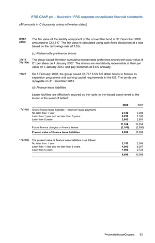 IFRS GAAP plc – Illustrative IFRS corporate consolidated ﬁnancial statements

(All amounts in C thousands unless otherwise stated)




IFRS7      The fair value of the liability component of the convertible bond at 31 December 2008
p27(a)     amounted to C42,617. The fair value is calculated using cash ﬂows discounted at a rate
           based on the borrowings rate of 7.5%.

           (c) Redeemable preference shares

32p15,     The group issued 30 million cumulative redeemable preference shares with a par value of
32p18(a)   C1 per share on 4 January 2007. The shares are mandatorily redeemable at their par
           value on 4 January 2013, and pay dividends at 6.5% annually.

10p21      On 1 February 2008, the group issued C6,777 6.5% US dollar bonds to ﬁnance its
           expansion programme and working capital requirements in the US. The bonds are
           repayable on 31 December 2013.

           (d) Finance lease liabilities

           Lease liabilities are eﬀectively secured as the rights to the leased asset revert to the
           lessor in the event of default

                                                                                       2008         2007
17p31(b)   Gross ﬁnance lease liabilities – minimum lease payments
           No later than 1 year                                                       2,749         3,203
           Later than 1 year and no later than 5 years                                6,292         7,160
           Later than 5 years                                                         2,063         2,891
                                                                                     11,104        13,254
           Future ﬁnance charges on ﬁnance leases                                    (2,106)       (2,656)
           Present value of ﬁnance lease liabilities                                  8,998        10,598


17p31(b)   The present value of ﬁnance lease liabilities is as follows:
           No later than 1 year                                                       2,192         2,588
           Later than 1 year and no later than 5 years                                4,900         5,287
           Later than 5 years                                                         1,906         2,723
                                                                                      8,998        10,598




                                                                          PricewaterhouseCoopers      63
 