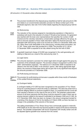 IFRS GAAP plc – Illustrative IFRS corporate consolidated ﬁnancial statements

(All amounts in C thousands unless otherwise stated)




DV           The provision transferred to the disposal group classiﬁed as held for sale amounts to C96
             and relates to an environmental restoration provision for Shoes Limited (part of the
             wholesale segment). See note 16 for further details regarding the disposal group held for
             sale.

             (b) Restructuring
37p85        The reduction of the volumes assigned to manufacturing operations in Step-land (a
(a)-(c)      subsidiary) will result in the reduction of a total of 155 jobs at two factories. An agreement
             was reached with the local union representatives that speciﬁes the number of staﬀ
             involved and the voluntary redundancy compensation package oﬀered by the group, as
             well as amounts payable to those made redundant, before the ﬁnancial year-end. The
             estimated staﬀ restructuring costs to be incurred are C799 at 31 December 2008 (note
             29). Other direct costs attributable to the restructuring, including lease termination, are
             C1,187. These costs were fully provided for in 2008. The provision of C1,100 at
             31 December 2008 is expected to be fully utilised during the ﬁrst half of 2009.

36p130       A goodwill impairment charge of C4,650 was recognised in the cash-generating unit
             relating to Step-land as a result of this restructuring (note 7).

             (c) Legal claims
37p85(a)-    The amounts represent a provision for certain legal claims brought against the group by
(c)          customers of the wholesale segment. The provision charge is recognised in proﬁt or loss
             within ‘administrative expenses’. The balance at 31 December 2008 is expected to be
             utilised in the ﬁrst half of 2009. In the directors’ opinion, after taking appropriate legal
             advice, the outcome of these legal claims will not give rise to any signiﬁcant loss beyond
             the amounts provided at 31 December 2008.

             (d) Proﬁt-sharing and bonuses

19p8(c),10   The provision for proﬁt-sharing and bonuses is payable within three month of ﬁnalisation
DV,          of the audited ﬁnancial statements.
37p859(a)

             (e) Contingent liability

             A contingent liability of C1,000 has been recognised on the acquisition of Your Shoes
             Group for a pending lawsuit in which the entity is a defendant. The claim has arisen from a
             customer alleging defects on products supplied to them. It is expected that the courts will
             have reached a decision on this case by the end of 2010. The potential undiscounted
             amount of all future payments that the group could be required to make if there was an
             adverse decision related to the lawsuit is estimated to be between C500 and C1,500. As
             of 31 December 2008, there has been no change in the amount recognised (except for
             unwinding of the discount of C4) for the liability at 31 March 2008, as there has been no
             change in the probability of the outcome of the lawsuit.

             The selling shareholders of Your Shoes Group have contractually agreed to indemnify
             IFRS GAAP plc for the claim that may become payable in respect of the above-mentioned
             lawsuit. This possible compensation will not be recognised until virtually certain and will
             be adjusted against goodwill once received from the vendor.




                                                                          PricewaterhouseCoopers        71
 