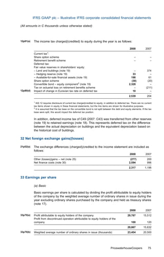 IFRS GAAP plc – Illustrative IFRS corporate consolidated ﬁnancial statements

(All amounts in C thousands unless otherwise stated)




12p81(a)   The income tax charged/(credited) to equity during the year is as follows:

                                                                                                             2008            2007
                        1
           Current tax :
           Share option scheme                                                                                    –               –
           Retirement beneﬁt scheme                                                                               –               –
           Deferred tax:
           Fair value reserves in shareholders’ equity:
           – Land and buildings (note 19)                                                                       –              374
           – Hedging reserve (note 19)                                                                         33                –
           – Available-for-sale ﬁnancial assets (note 19)                                                     198               61
           Share option scheme                                                                                (30)             (20)
           Convertible bond – equity component2 (note 19)                                                   2,328                –
           Tax on actuarial loss on retirement beneﬁts scheme                                                   –             (211)
12p80(d)   Impact of change in Euravian tax rate on deferred tax                                               10                –
                                                                                                            2,539              204

           1
             IAS 12 requires disclosure of current tax charged/credited to equity, in addition to deferred tax. There are no current
           tax items shown in equity in these ﬁnancial statements, but the line items are shown for illustrative purposes.
           2
             It is assumed that the tax base on the convertible bond is not split between the debt and equity elements. If the tax
           base were split, this would impact the deferred tax position.


           In addition, deferred income tax of C49 (2007: C43) was transferred from other reserves
           (note 19) to retained earnings (note 18). This represents deferred tax on the diﬀerence
           between the actual depreciation on buildings and the equivalent depreciation based on
           the historical cost of buildings.

32 Net foreign exchange gains/(losses)

21p52(a)   The exchange diﬀerences (charged)/credited to the income statement are included as
           follows:
                                                                                                             2008            2007
           Other (losses)/gains – net (note 25)                                                              (277)             200
           Net ﬁnance costs (note 30)                                                                       2,594              996
                                                                                                            2,317            1,196


33 Earnings per share

           (a) Basic

           Basic earnings per share is calculated by dividing the proﬁt attributable to equity holders
           of the company by the weighted average number of ordinary shares in issue during the
           year excluding ordinary shares purchased by the company and held as treasury shares
           (note 17).

                                                                                                             2008            2007
33p70(a)   Proﬁt attributable to equity holders of the company                                             29,767          15,512
           Proﬁt from discontinued operation attributable to equity holders of the
           company                                                                                             100             120
                                                                                                           29,867          15,632
33p70(b)   Weighted average number of ordinary shares in issue (thousands)                                 23,454          20,500




                                                                                          PricewaterhouseCoopers                75
 