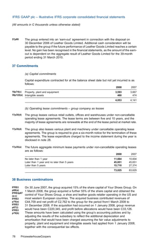 IFRS GAAP plc – Illustrative IFRS corporate consolidated ﬁnancial statements

(All amounts in C thousands unless otherwise stated)




37p89      The group entered into an ‘earn-out’ agreement in connection with the disposal on
           30 December 2006 of Leather Goods Limited. Additional cash consideration will be
           payable to the group if the future performance of Leather Goods Limited reaches a certain
           level. No gain has been recognised in the ﬁnancial statements, as the amount of the earn-
           out is dependent on the aggregate result of Leather Goods Limited for the 39-month
           period ending 31 March 2010.


37 Commitments

           (a) Capital commitments

           Capital expenditure contracted for at the balance sheet date but not yet incurred is as
           follows:
                                                                                   2008        2007
16p74(c) Property, plant and equipment                                             3,593       3,667
38p122(e) Intangible assets                                                          460         474
                                                                                   4,053       4,141


           (b) Operating lease commitments – group company as lessee

17p35(d)   The group leases various retail outlets, oﬃces and warehouses under non-cancellable
           operating lease agreements. The lease terms are between ﬁve and 10 years, and the
           majority of lease agreements are renewable at the end of the lease period at market rate.

17p35(d)   The group also leases various plant and machinery under cancellable operating lease
           agreements. The group is required to give a six-month notice for the termination of these
           agreements. The lease expenditure charged to the income statement during the year is
           disclosed in note 28.

17p35(a)   The future aggregate minimum lease payments under non-cancellable operating leases
           are as follows:
                                                                                   2008        2007
           No later than 1 year                                                  11,664      10,604
           Later than 1 year and no later than 5 years                           45,651      45,651
           Later than 5 years                                                    15,710      27,374
                                                                                 73,025      83,629


38 Business combinations

IFRS3      On 30 June 2007, the group acquired 15% of the share capital of Your Shoes Group. On
p66(a)     1 March 2008, the group acquired a further 55% of the share capital and obtained the
IFRS3p67
(a-c)      control of Your Shoes Group, a shoe and leather goods retailer operating in the US and
IFRS3      most western European countries. The acquired business contributed revenues of
p70(a)     C44,709 and net proﬁt of C2,762 to the group for the period from1 March 2008 to
IFRS3      31 December 2008. If the acquisition had occurred on 1 January 2008, group revenue
p67(i)
IFRS3      would have been C220,345, and proﬁt before allocations would have been C33,126.
p70(b)     These amounts have been calculated using the group’s accounting policies and by
           adjusting the results of the subsidiary to reﬂect the additional depreciation and
           amortisation that would have been charged assuming the fair value adjustments to
           property, plant and equipment and intangible assets had applied from 1 January 2008,
           together with the consequential tax eﬀects.


78      PricewaterhouseCoopers
 