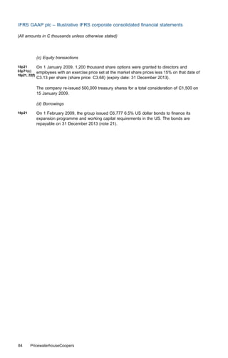 IFRS GAAP plc – Illustrative IFRS corporate consolidated ﬁnancial statements

(All amounts in C thousands unless otherwise stated)




               (c) Equity transactions

10p21          On 1 January 2009, 1,200 thousand share options were granted to directors and
33p71(c)       employees with an exercise price set at the market share prices less 15% on that date of
10p21, 22(f)
               C3.13 per share (share price: C3.68) (expiry date: 31 December 2013).

               The company re-issued 500,000 treasury shares for a total consideration of C1,500 on
               15 January 2009.

               (d) Borrowings

10p21          On 1 February 2009, the group issued C6,777 6.5% US dollar bonds to ﬁnance its
               expansion programme and working capital requirements in the US. The bonds are
               repayable on 31 December 2013 (note 21).




84      PricewaterhouseCoopers
 