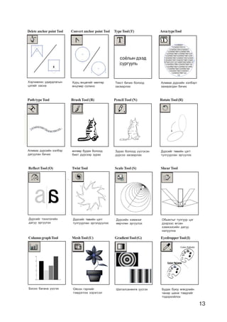 13
ReflectTool (O) TwistTool Scale Tool (S) ShearTool
Ä¿ðñèéã òýíõëýãèéí
äàãóó ýðã¿¿ëýõ
Ä¿ðñèéã òºâèéí öýãò
òóëãóóðëàí ýðãýëä¿¿ëýõ
Ä¿ðñèéí õýìæýýã
ººð÷ëºí ýðã¿¿ëýõ
Îáüåêòûã òóëãóóð öýã
äýýðýýñ ºãñºí
õýìæýýñèéí äàãóó
íàëóóëíà
ColumngraphTool MeshTool(U) GradientTool(G) EyedropperTool(I)
Áîñîî áàãàíà ¿¿ñãýõ Îéñîí ãýðëèéã
òýìäýãëýõ õýðýãñýë
Øàòàëñàíºíãº ¿¿ñãýõ Áóäàõ áóþó ºãºãäëèéí
÷àíàð øèíæ òýìäãèéã
òîäîðõîéëîõ
Delete anchor point Tool Convert anchor point Tool TypeTool(T) AreatypeTool
Õýð÷èìýýñ óäèðäëàãûí
öýãèéã õàñíà
Õóðö ºíöºãèéã ìºëãºð
ºíöãººð ñîëèíî
Òåêñò áè÷èõ áîëîîä
çàñâàðëàõ
Àëèâàà ä¿ðñèéí õýëáýðò
çàõèðàãäàí áè÷èõ
PathtypeTool Brush Tool (B) Pencil Tool (N) RotateTool(R)
Àëèâàà ä¿ðñèéí õýëáýð
äàãóóëàí áè÷èõ
ºíãººð áóäàõ áîëîîä
áèåò ä¿ðñýýð çóðàõ
Çóðàõ áîëîîä ¿¿ñãýñýí
ä¿ðñýý çàñâàðëàõ
Ä¿ðñèéã òºâèéí öýãò
òóëãóóðëàí ýðã¿¿ëýõ
 