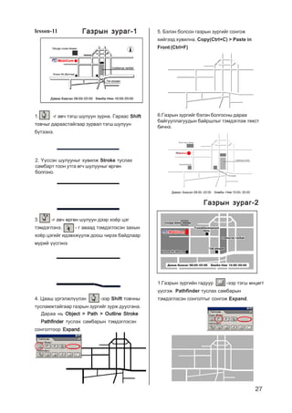 27
lesson-11
1. -ã àâ÷ òýãø øóëóóí çóðíà. Ãàðààñ Shift
òîâ÷ûã äàðààñòàéãààð çóðâàë òýãø øóëóóí
á¿òýýíý.
2. Y¿ññýí øóëóóíûã õóâèëæ Stroke òóñëàõ
ñàìáàðò òîîí óòãà ºã÷ øóëóóíûã ºðãºí
áîëãîíî.
3. -ã àâ÷ ºðãºí øóëóóí äýýð õî¸ð öýã
òýìäýãëýíý. - ã àâààä òýìäýãëýñýí çàõûí
õî¸ð öýãèéã èäýâõæ¿¿ëæ äîîø ÷èðýõ áàéäëààð
ìóðèé ¿¿ñãýíý.
4. Öààø ¿ðãýëæë¿¿ëýí -ýýð Shift òîâ÷íû
òóñëàìæòàéãààð ãàçðûí çóðãèéã çóðæ äóóñãàíà.
5. Áýëýí áîëñîí ãàçðûí çóðãèéã ñîíãîæ
õèéãýýä õóâèëíà. Copy(Ctrl+C) > Paste in
Front (Ctrl+F)
6.Ãàçðûí çóðãèéã áýëýí áîëãîñíû äàðàà
áàéãóóëëàãóóäûí áàéðøëûã òýìäýãëýæ òåêñò
áè÷íý.
1.Ãàçðûí çóðãèéí ãàäóóð -ýýð òýãø ºíöºãò
¿¿ñãýæ Pathfinder òóñëàõ ñàìáàðûí
òýìäýãëýñýí ñîíãîëòûã ñîíãîæ Expand.
Äàðàà íü Object > Path > Outline StrokeObject > Path > Outline StrokeObject > Path > Outline StrokeObject > Path > Outline StrokeObject > Path > Outline Stroke
PathfinderPathfinderPathfinderPathfinderPathfinder òóñëàõ ñàìáàðûí òýìäýãëýñýí
ñîíãîëòîîð ExpandExpandExpandExpandExpand.
Ãàçðûí çóðàã-1Ãàçðûí çóðàã-1Ãàçðûí çóðàã-1Ãàçðûí çóðàã-1Ãàçðûí çóðàã-1
Ãàçðûí çóðàã-2Ãàçðûí çóðàã-2Ãàçðûí çóðàã-2Ãàçðûí çóðàã-2Ãàçðûí çóðàã-2
 