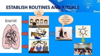 ESTABLISH ROUTINES AND RITUALS
Stupid
students I
have to make
routine for
them
No
routine
lets fun
 