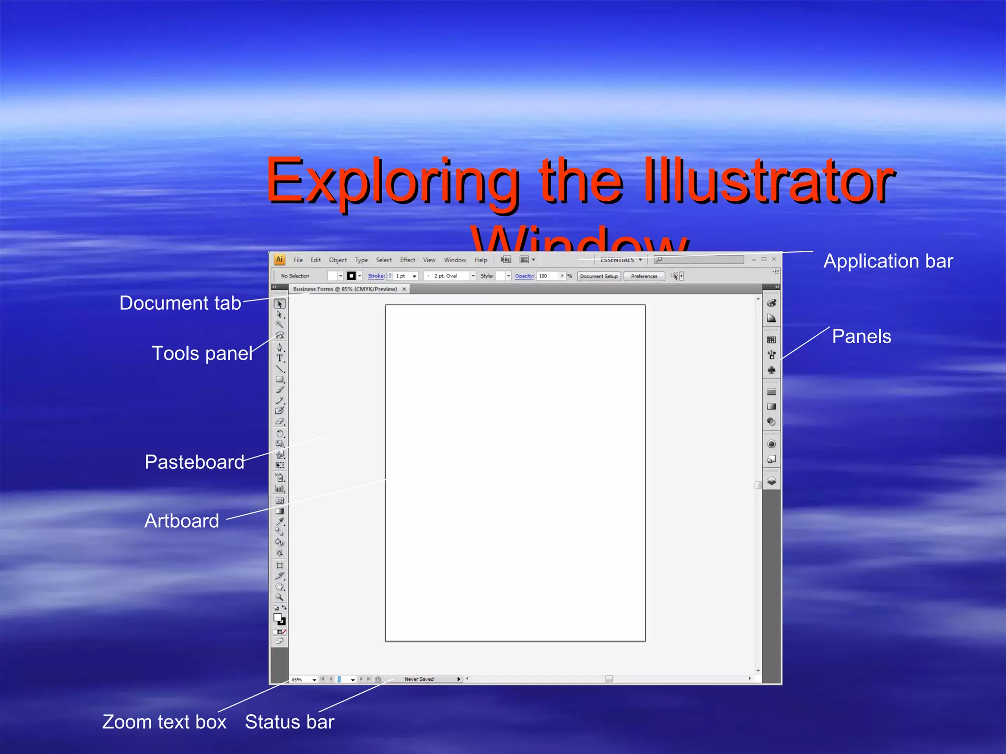 Exploring the Illustrator Window Panels Application bar Tools panel Pasteboard Artboard Status bar Document tab Zoom text box 