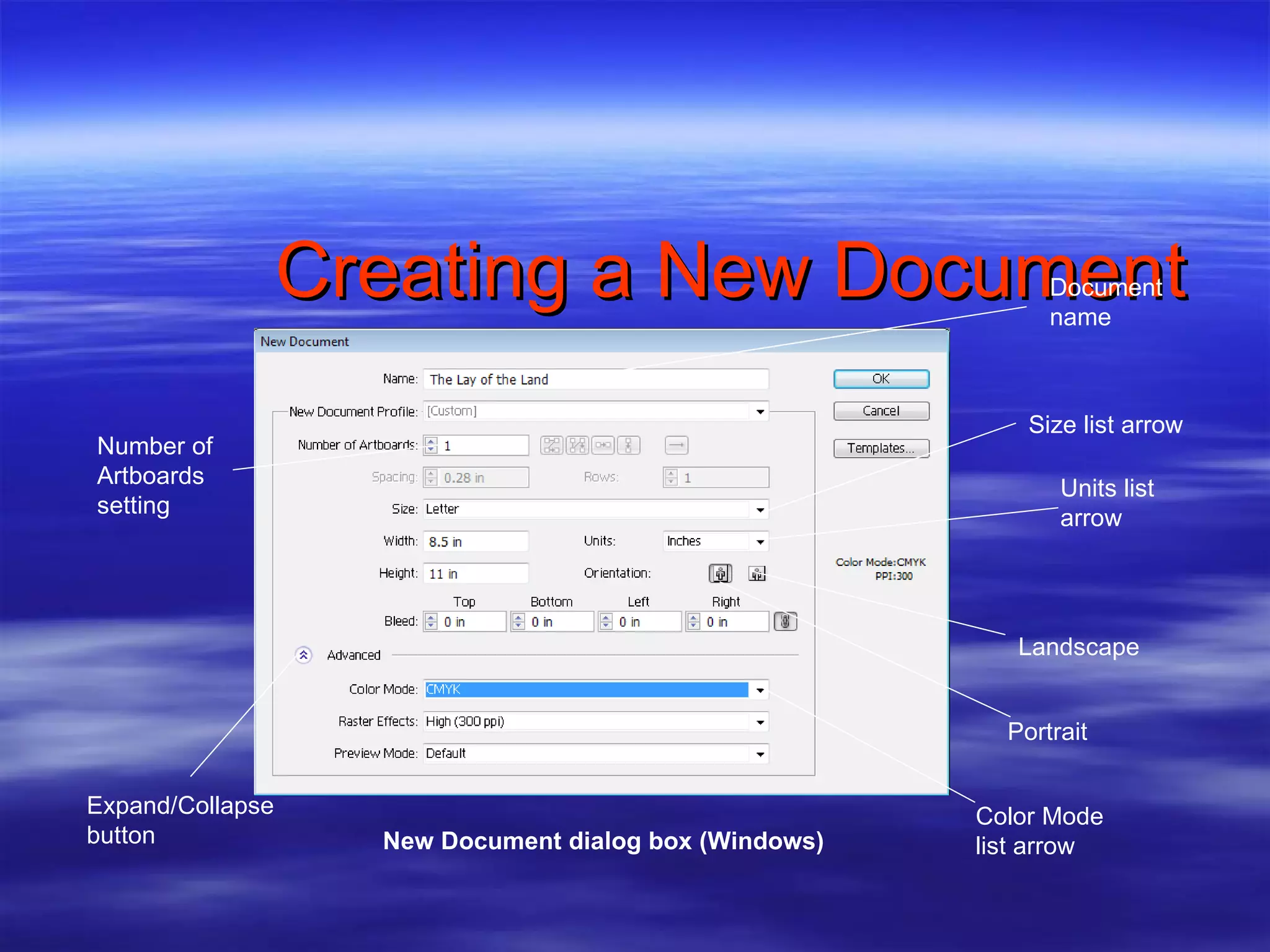 Creating a New Document Document   name Size list arrow Units list arrow   Color Mode list arrow New Document dialog box (Windows) Landscape  Portrait  Expand/Collapse button Number of Artboards  setting 