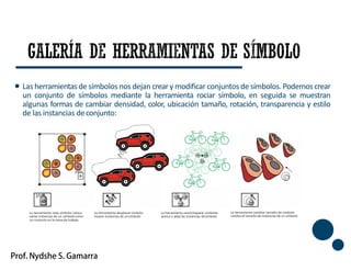 22
Las herramientas de símbolos nos dejan creary modificar conjuntos de símbolos. Podemos crear
un conjunto de símbolos mediante la herramienta rociar símbolo, en seguida se muestran
algunas formas de cambiar densidad, color, ubicación tamaño, rotación, transparencia y estilo
de las instancias deconjunto:
La herramienta rotar símbolo coloca
varias instancias de un símbolocomo
un conjunto en la mesa de trabajo
La herramienta desplazarsímbolo
mueve instancias de unsímbolo
La herramienta reunir/separar símbolos
acerca o aleja las instancias desímbolo
La herramienta cambiar tamaño de símbolo
cambia el tamaño de instancias de un símbolo
 