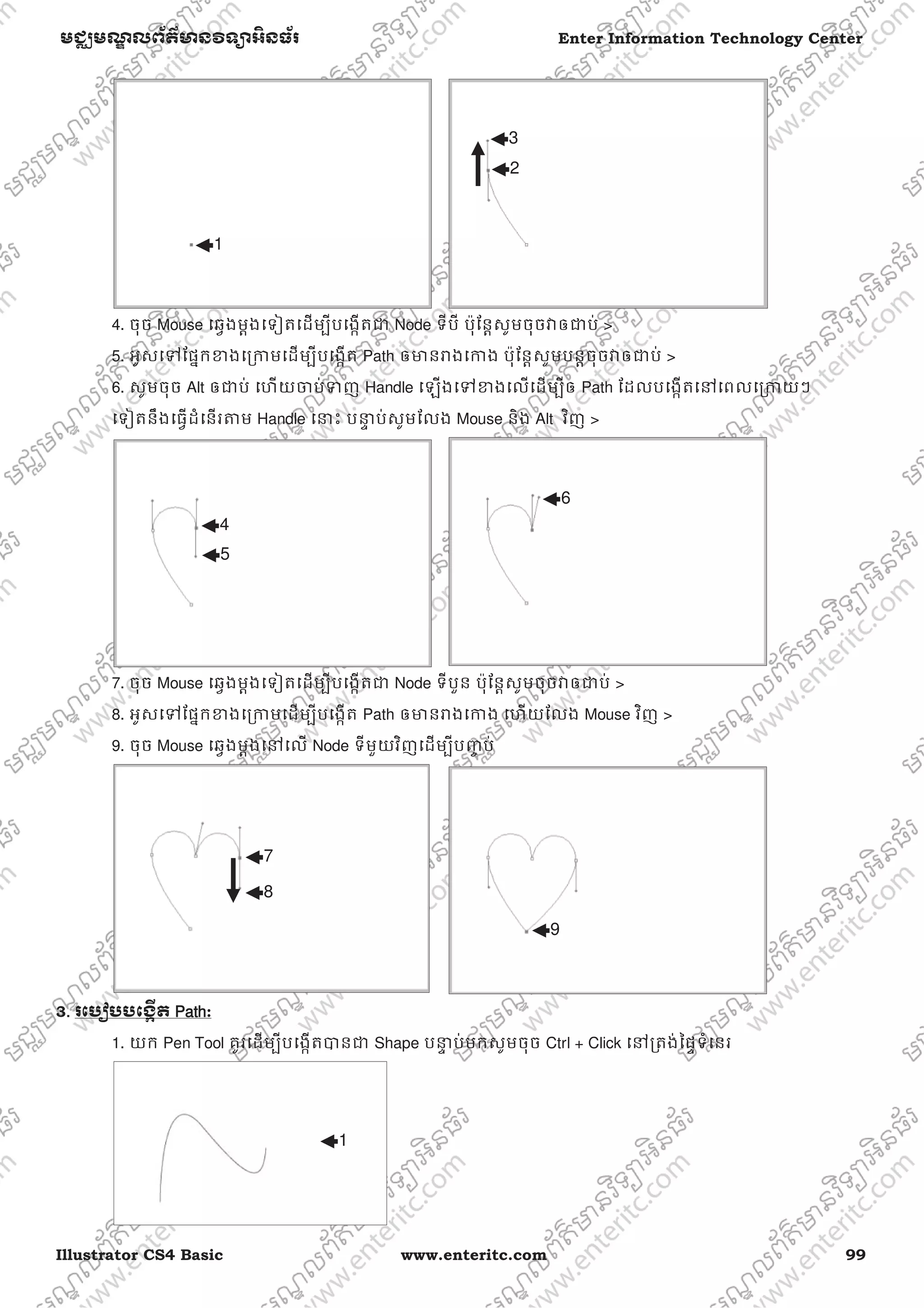 Illustrator CS4 Basic www.enteritc.com 99
មជƆមណƋ លព័ត៌ǋន˛ទǚអ˫នធ័រ Enter Information Technology Center
4. ចុច Mouse េឆƛងមƎងេទȢតេដមƓីបេងžតƺ Node ទីបី ប៉ុែនƎសូមចុចǏឲƺប់ >
5. អូសេǵែផƒកƴងេƙƳមេដមƓីបេងžត Path ឲǋនǍងេƳង ប៉ុែនƎសូមបនƎចុចǏឲƺប់ >
6. សូមចុច Alt ឲƺប់ េហយƸប់Ǆញ Handle េឡងេǵƴងេលេដមƓីឲ Path ែដលបេងžតេǷេពលេƙƳយៗ
េទȢតនឹងេធƛដំេនរǂម Handle េǆះ បǆƐ ប់សូមែលង Mouse និង Alt វិញ >
7. ចុច Mouse េឆƛងមƎងេទȢតេដមƓីបេងžតƺ Node ទីបួន ប៉ុែនƎសូមចុចǏឲƺប់ >
8. អូសេǵែផƒកƴងេƙƳមេដមƓីបេងžត Path ឲǋនǍងេƳង េហយែលង Mouse វិញ >
9. ចុច Mouse េឆƛងមƎងេǷេល Node ទីមួយវិញេដមƓីបȥƃ ប់
3.. រេបȢបបេងžˬត PPath:
1. យក Pen Tool គូរេដមƓីបេងžតǇនƺ Shape បǆƐ ប់មកសូមចុច Ctrl + Click េǷƙតង់ៃផƐទំេនរ
1
2
3
4
5
6
8
7
9
1
 