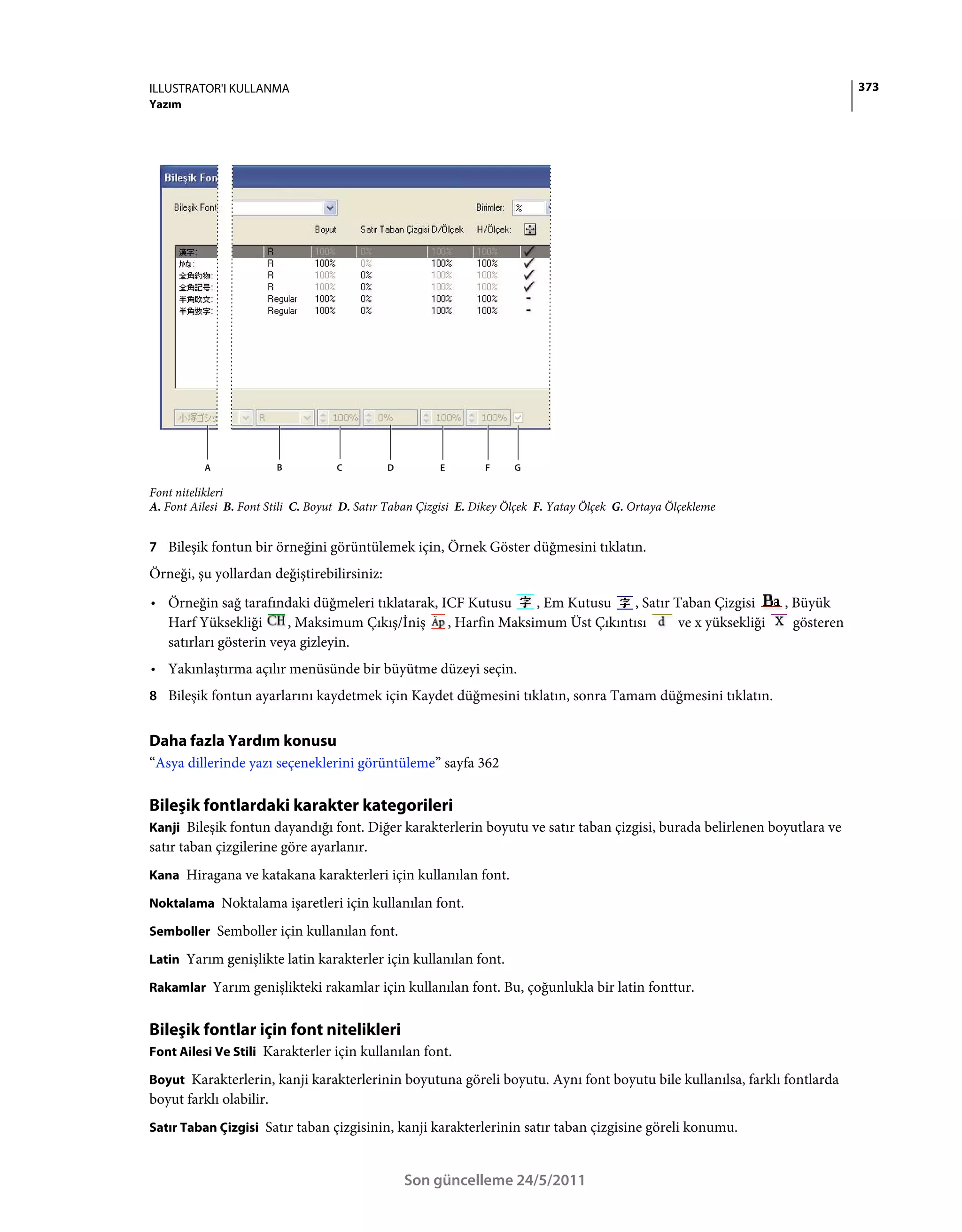 ILLUSTRATOR'I KULLANMA                                                                                                        373
Yazım




          A              B          C         D         E        F    G

Font nitelikleri
A. Font Ailesi B. Font Stili C. Boyut D. Satır Taban Çizgisi E. Dikey Ölçek F. Yatay Ölçek G. Ortaya Ölçekleme


7 Bileşik fontun bir örneğini görüntülemek için, Örnek Göster düğmesini tıklatın.
Örneği, şu yollardan değiştirebilirsiniz:
• Örneğin sağ tarafındaki düğmeleri tıklatarak, ICF Kutusu  , Em Kutusu    , Satır Taban Çizgisi                 , Büyük
  Harf Yüksekliği       , Maksimum Çıkış/İniş , Harfin Maksimum Üst Çıkıntısı       ve x yüksekliği                gösteren
  satırları gösterin veya gizleyin.
• Yakınlaştırma açılır menüsünde bir büyütme düzeyi seçin.
8 Bileşik fontun ayarlarını kaydetmek için Kaydet düğmesini tıklatın, sonra Tamam düğmesini tıklatın.


Daha fazla Yardım konusu
“Asya dillerinde yazı seçeneklerini görüntüleme” sayfa 362

Bileşik fontlardaki karakter kategorileri
Kanji Bileşik fontun dayandığı font. Diğer karakterlerin boyutu ve satır taban çizgisi, burada belirlenen boyutlara ve
satır taban çizgilerine göre ayarlanır.
Kana Hiragana ve katakana karakterleri için kullanılan font.

Noktalama Noktalama işaretleri için kullanılan font.

Semboller Semboller için kullanılan font.

Latin Yarım genişlikte latin karakterler için kullanılan font.

Rakamlar Yarım genişlikteki rakamlar için kullanılan font. Bu, çoğunlukla bir latin fonttur.


Bileşik fontlar için font nitelikleri
Font Ailesi Ve Stili Karakterler için kullanılan font.

Boyut Karakterlerin, kanji karakterlerinin boyutuna göreli boyutu. Aynı font boyutu bile kullanılsa, farklı fontlarda
boyut farklı olabilir.
Satır Taban Çizgisi Satır taban çizgisinin, kanji karakterlerinin satır taban çizgisine göreli konumu.


                                                  Son güncelleme 24/5/2011
 