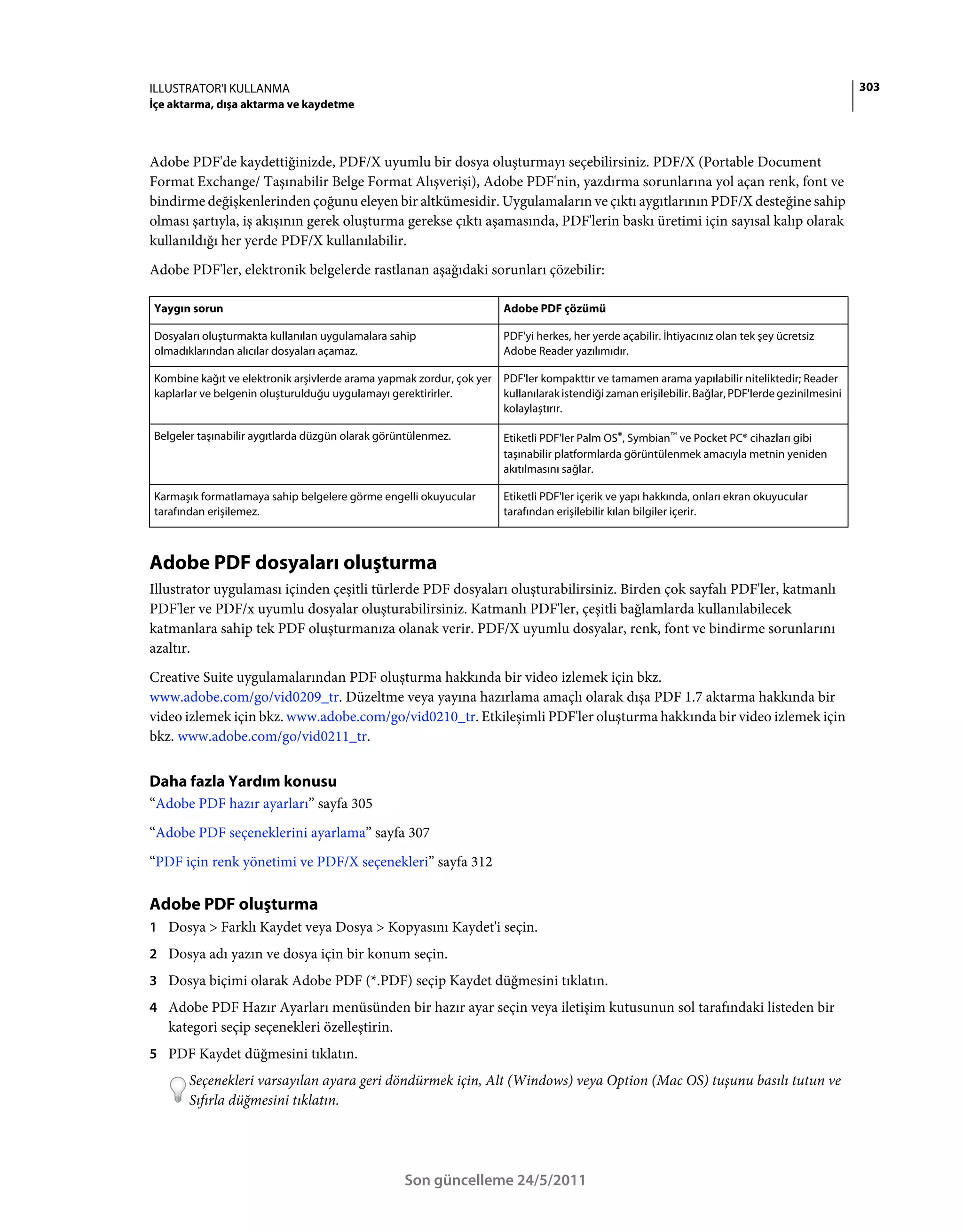 ILLUSTRATOR'I KULLANMA                                                                                                                             303
İçe aktarma, dışa aktarma ve kaydetme



Adobe PDF'de kaydettiğinizde, PDF/X uyumlu bir dosya oluşturmayı seçebilirsiniz. PDF/X (Portable Document
Format Exchange/ Taşınabilir Belge Format Alışverişi), Adobe PDF'nin, yazdırma sorunlarına yol açan renk, font ve
bindirme değişkenlerinden çoğunu eleyen bir altkümesidir. Uygulamaların ve çıktı aygıtlarının PDF/X desteğine sahip
olması şartıyla, iş akışının gerek oluşturma gerekse çıktı aşamasında, PDF'lerin baskı üretimi için sayısal kalıp olarak
kullanıldığı her yerde PDF/X kullanılabilir.
Adobe PDF'ler, elektronik belgelerde rastlanan aşağıdaki sorunları çözebilir:

Yaygın sorun                                                          Adobe PDF çözümü

Dosyaları oluşturmakta kullanılan uygulamalara sahip                  PDF'yi herkes, her yerde açabilir. İhtiyacınız olan tek şey ücretsiz
olmadıklarından alıcılar dosyaları açamaz.                            Adobe Reader yazılımıdır.

Kombine kağıt ve elektronik arşivlerde arama yapmak zordur, çok yer   PDF'ler kompakttır ve tamamen arama yapılabilir niteliktedir; Reader
kaplarlar ve belgenin oluşturulduğu uygulamayı gerektirirler.         kullanılarak istendiği zaman erişilebilir. Bağlar, PDF'lerde gezinilmesini
                                                                      kolaylaştırır.

Belgeler taşınabilir aygıtlarda düzgün olarak görüntülenmez.          Etiketli PDF'ler Palm OS®, Symbian™ ve Pocket PC® cihazları gibi
                                                                      taşınabilir platformlarda görüntülenmek amacıyla metnin yeniden
                                                                      akıtılmasını sağlar.

Karmaşık formatlamaya sahip belgelere görme engelli okuyucular        Etiketli PDF'ler içerik ve yapı hakkında, onları ekran okuyucular
tarafından erişilemez.                                                tarafından erişilebilir kılan bilgiler içerir.



Adobe PDF dosyaları oluşturma
Illustrator uygulaması içinden çeşitli türlerde PDF dosyaları oluşturabilirsiniz. Birden çok sayfalı PDF'ler, katmanlı
PDF'ler ve PDF/x uyumlu dosyalar oluşturabilirsiniz. Katmanlı PDF'ler, çeşitli bağlamlarda kullanılabilecek
katmanlara sahip tek PDF oluşturmanıza olanak verir. PDF/X uyumlu dosyalar, renk, font ve bindirme sorunlarını
azaltır.
Creative Suite uygulamalarından PDF oluşturma hakkında bir video izlemek için bkz.
www.adobe.com/go/vid0209_tr. Düzeltme veya yayına hazırlama amaçlı olarak dışa PDF 1.7 aktarma hakkında bir
video izlemek için bkz. www.adobe.com/go/vid0210_tr. Etkileşimli PDF'ler oluşturma hakkında bir video izlemek için
bkz. www.adobe.com/go/vid0211_tr.


Daha fazla Yardım konusu
“Adobe PDF hazır ayarları” sayfa 305
“Adobe PDF seçeneklerini ayarlama” sayfa 307
“PDF için renk yönetimi ve PDF/X seçenekleri” sayfa 312

Adobe PDF oluşturma
1 Dosya > Farklı Kaydet veya Dosya > Kopyasını Kaydet'i seçin.
2 Dosya adı yazın ve dosya için bir konum seçin.
3 Dosya biçimi olarak Adobe PDF (*.PDF) seçip Kaydet düğmesini tıklatın.
4 Adobe PDF Hazır Ayarları menüsünden bir hazır ayar seçin veya iletişim kutusunun sol tarafındaki listeden bir
   kategori seçip seçenekleri özelleştirin.
5 PDF Kaydet düğmesini tıklatın.
       Seçenekleri varsayılan ayara geri döndürmek için, Alt (Windows) veya Option (Mac OS) tuşunu basılı tutun ve
       Sıfırla düğmesini tıklatın.




                                                  Son güncelleme 24/5/2011
 