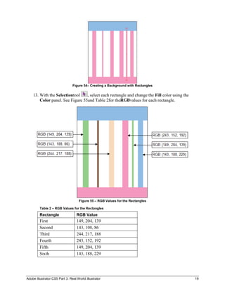 Figure 54– Creating a Background with Rectangles

    13. With the Selectiontool    , select each rectangle and change the Fill color using the
        Color panel. See Figure 55and Table 2for theRGBvalues for each rectangle.




                                    Figure 55 – RGB Values for the Rectangles

         Table 2 – RGB Values for the Rectangles

         Rectangle                 RGB Value
         First                     149, 204, 139
         Second                    143, 108, 86
         Third                     244, 217, 188
         Fourth                    243, 152, 192
         Fifth                     149, 204, 139
         Sixth                     143, 188, 229




Adobe Illustrator CS5 Part 3: Real World Illustrator                                            19
 