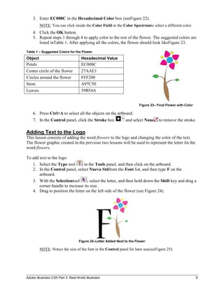 3. Enter EC008C in the Hexadecimal Color box (seeFigure 22).
         NOTE: You can click inside the Color Field or the Color Spectrumto select a different color.
    4. Click the OK button.
    5. Repeat steps 1 through 4 to apply color to the rest of the flower. The suggested colors are
       listed inTable 1. After applying all the colors, the flower should look likeFigure 23.

Table 1 – Suggested Colors for the Flower

Object                                Hexadecimal Value
Petals                                EC008C
Center circle of the flower           27AAE1
Circles around the flower             FFF200
Stem                                  A97C50
Leaves                                39B54A


                                                                          Figure 23– Final Flower with Color

    6. Press Ctrl+A to select all the objects on the artboard.
    7. In the Control panel, click the Stroke box                and select None      to remove the stroke.

Adding Text to the Logo
This lesson consists of adding the word flowers to the logo and changing the color of the text.
The flower graphic created in the previous two lessons will be used to represent the letter lin the
word flowers.

To add text to the logo:
   1. Select the Type tool       in the Tools panel, and then click on the artboard.
   2. In the Control panel, select Nueva Stdfrom the Font list, and then type F on the
       artboard.
   3. With the Selectiontool       , select the letter, and then hold down the Shift key and drag a
       corner handle to increase its size.
   4. Drag to position the letter on the left side of the flower (see Figure 24).




                                     Figure 24–Letter Added Next to the Flower

         NOTE: Notice the size of the font in the Control panel for later use(seeFigure 25).




Adobe Illustrator CS5 Part 3: Real World Illustrator                                                           9
 