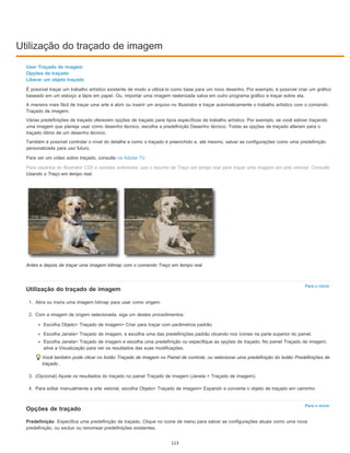 Utilização do traçado de imagem
Para o início
Para o início
Predefinição
Usar Traçado de imagem
Opções de traçado
Liberar um objeto traçado
É possível traçar um trabalho artístico existente de modo a utilizá-lo como base para um novo desenho. Por exemplo, é possível criar um gráfico
baseado em um esboço a lápis em papel. Ou, importar uma imagem rasterizada salva em outro programa gráfico e traçar sobre ela.
A maneira mais fácil de traçar uma arte é abrir ou inserir um arquivo no Illustrator e traçar automaticamente o trabalho artístico com o comando
Traçado de imagem.
Várias predefinições de traçado oferecem opções de traçado para tipos específicos de trabalho artístico. Por exemplo, se você estiver traçando
uma imagem que planeja usar como desenho técnico, escolha a predefinição Desenho técnico. Todas as opções de traçado alteram para o
traçado ótimo de um desenho técnico.
Também é possível controlar o nível do detalhe e como o traçado é preenchido e, até mesmo, salvar as configurações como uma predefinição
personalizada para uso futuro.
Para ver um vídeo sobre traçado, consulte na Adobe TV.
Para usuários do Illustrator CS5 e versões anteriores: use o recurso de Traço em tempo real para traçar uma imagem em arte vetorial. Consulte
Usando o Traço em tempo real.
Antes e depois de traçar uma imagem bitmap com o comando Traço em tempo real
Utilização do traçado de imagem
1. Abra ou insira uma imagem bitmap para usar como origem.
2. Com a imagem de origem selecionada, siga um destes procedimentos:
Escolha Objeto> Traçado de imagem> Criar para traçar com parâmetros padrão.
Escolha Janela> Traçado de imagem, e escolha uma das predefinições padrão clicando nos ícones na parte superior do painel.
Escolha Janela> Traçado de imagem e escolha uma predefinição ou especifique as opções de traçado. No painel Traçado de imagem,
ative a Visualização para ver os resultados das suas modificações.
Você também pode clicar no botão Traçado de imagem no Painel de controle, ou selecionar uma predefinição do botão Predefinições de
traçado .
3. (Opcional) Ajuste os resultados do traçado no painel Traçado de imagem (Janela > Traçado de imagem).
4. Para editar manualmente a arte vetorial, escolha Objeto> Traçado de imagem> Expandir e converta o objeto de traçado em caminho.
Opções de traçado
Especifica uma predefinição de traçado. Clique no ícone de menu para salvar as configurações atuais como uma nova
predefinição, ou excluir ou renomear predefinições existentes.
113
 