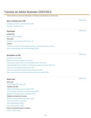 Tutoriais do Adobe Illustrator CS5/CS5.5
Para o início
Para o início
Para o início
Para o início
Tutoriais básicos e recursos de aprendizagem do Illustrator para introdução e novos recursos.
Novo conteúdo para CS6
Conheça os tutoriais em vídeo do Illustrator CS6
Introdução e conteúdos novos
Introdução
Configuração
Baixar, instalar e configurar
Visão geral
Introdução: O que é Illustrator CS5? (vídeo 1:53)
Tutoriais
Tutoriais de introdução (GS), apresentação Conheça o Illustrator CS5 (série em vídeo)
Guia do Adobe Illustrator CS5 por Philippe Intraligi (HTML)
Novidades na CS5
Novidades na CS5 (HTML)
Desenhar arte final em perspectiva (vídeo 8:53)
Como utilizar os modos Desenhar atrás e Desenhar dentro (vídeo 4:24)
Criação facilitada de arte complexa com a ferramenta Construtor de formas (vídeo 6:12)
Como usar o novo painel Pranchetas (vídeo 4:20)
Como usar os aprimorados pincéis de arte e padrão (vídeo 3:02)
Definir caminhos alinhados por pixels para fluxos de trabalho da web (HTML)
Saiba mais
Visão geral
O que é Bridge CS5? (vídeo 2:35)
Trabalhar com FXG
Práticas recomendadas para uso do FXG (HTML)
Fluxo de trabalho do Illustrator e do Flash Catalyst (HTML)
Mapeamento FXG para objetos do Illustrator (HTML)
Trabalho com desenho de vetores
Desenhe um peixe palhaço dentro d'água (HTML)
Crie uma caixa para 6 ovos (HTML)
Crie um globo giratório (HTML)
Crie um globo giratório (HTML)
Pintura com preenchimentos e traçados
Traçar um objeto (HTML)
15
 