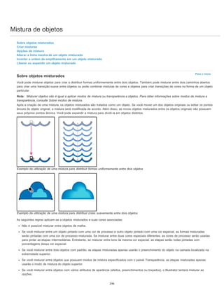 Mistura de objetos
Para o início
Sobre objetos misturados
Criar misturas
Opções de mistura
Alterar a linha mestra de um objeto misturado
Inverter a ordem de empilhamento em um objeto misturado
Liberar ou expandir um objeto misturado
Sobre objetos misturados
Você pode misturar objetos para criar e distribuir formas uniformemente entre dois objetos. Também pode misturar entre dois caminhos abertos
para criar uma transição suave entre objetos ou pode combinar misturas de cores e objetos para criar transições de cores na forma de um objeto
particular.
Nota: Misturar objetos não é igual a aplicar modos de mistura ou transparência a objetos. Para obter informações sobre modos de mistura e
transparência, consulte Sobre modos de mistura.
Após a criação de uma mistura, os objetos misturados são tratados como um objeto. Se você mover um dos objetos originais ou editar os pontos
âncora do objeto original, a mistura será modificada de acordo. Além disso, as novos objetos misturados entre os objetos originais não possuem
seus próprios pontos âncora. Você pode expandir a mistura para dividi-la em objetos distintos.
Exemplo da utilização de uma mistura para distribuir formas uniformemente entre dois objetos
Exemplo da utilização de uma mistura para distribuir cores suavemente entre dois objetos
As seguintes regras aplicam-se a objetos misturados e suas cores associadas:
Não é possível misturar entre objetos de malha.
Se você misturar entre um objeto pintado com uma cor de processo e outro objeto pintado com uma cor especial, as formas misturadas
serão pintadas com uma cor de processo misturada. Se misturar entre duas cores especiais diferentes, as cores de processo serão usadas
para pintar as etapas intermediárias. Entretanto, se misturar entre tons da mesma cor especial, as etapas serão todas pintadas com
porcentagens dessa cor especial.
Se você misturar entre dois objetos com padrão, as etapas misturadas apenas usarão o preenchimento do objeto na camada localizada na
extremidade superior.
Se você misturar entre objetos que possuem modos de mistura especificados com o painel Transparência, as etapas misturadas apenas
usarão o modo de mistura do objeto superior.
Se você misturar entre objetos com vários atributos de aparência (efeitos, preenchimentos ou traçados), o Illustrator tentará misturar as
opções.
246
 
